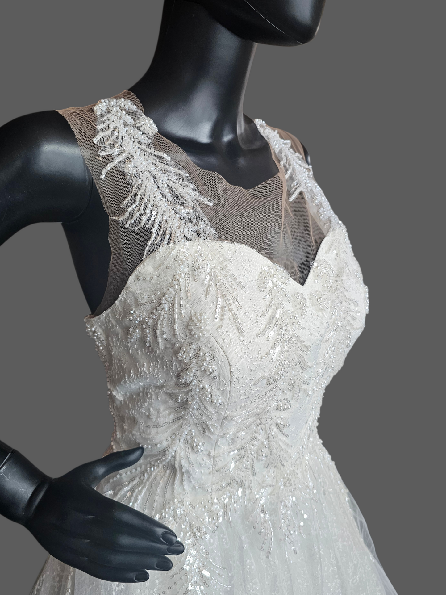 Ivory Illusion Sweetheart Sparkle Lace Underlay A-Line Wedding Gown - Di La Sena