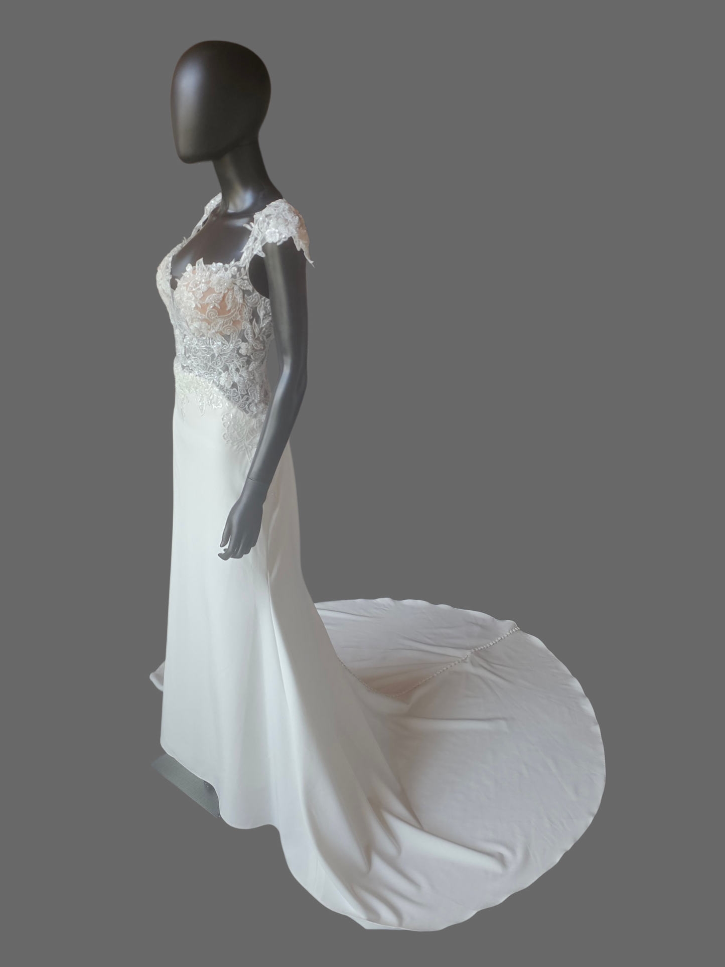 Ivory Crepe Illusion Bodice Cap Sleeve Fit/Flare Wedding Gown - Rebecca Ingram