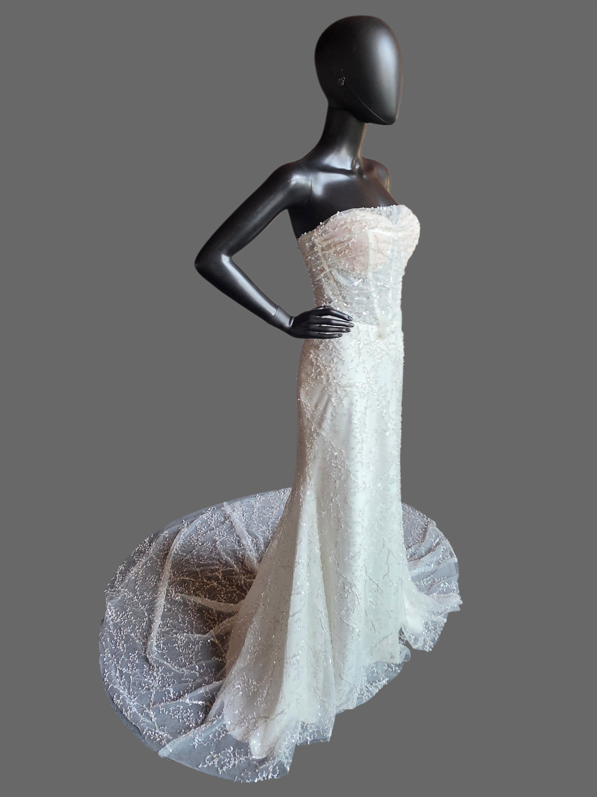 Ivory Straight Strapless Fitted Pearl/Silver Vine Wedding Gown - Willow