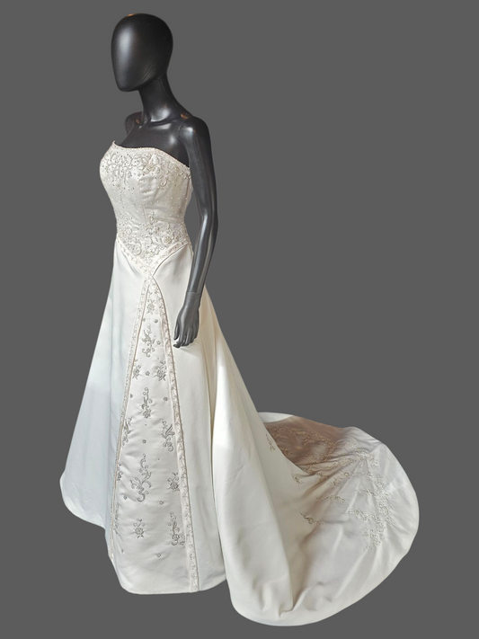 Vintage White/Blush Accent Asymetric A-Line Satin Wedding Gown - Mori Lee