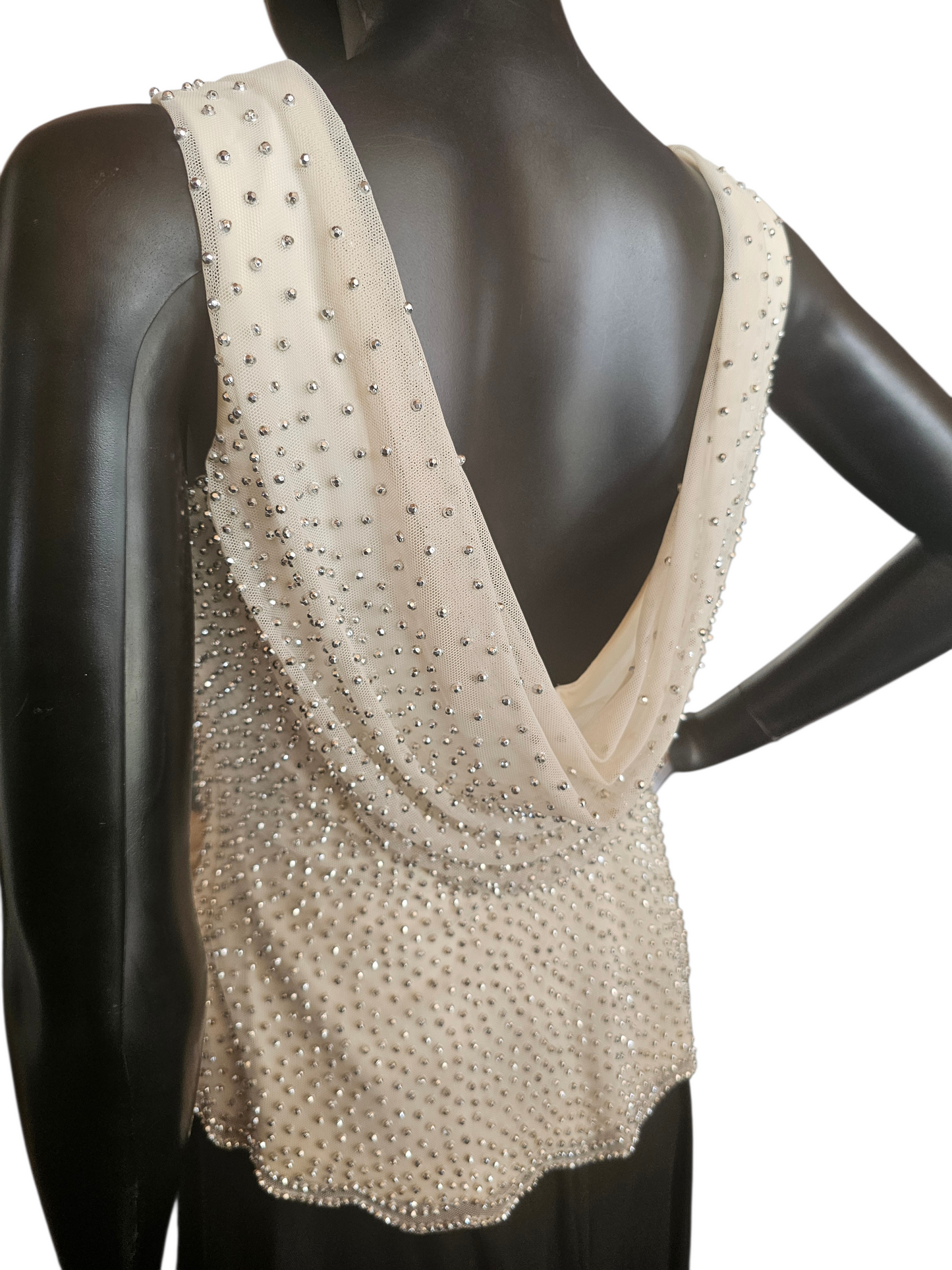 Ivory/Black Beaded Net Cowl Neck Formal Dress - Cache