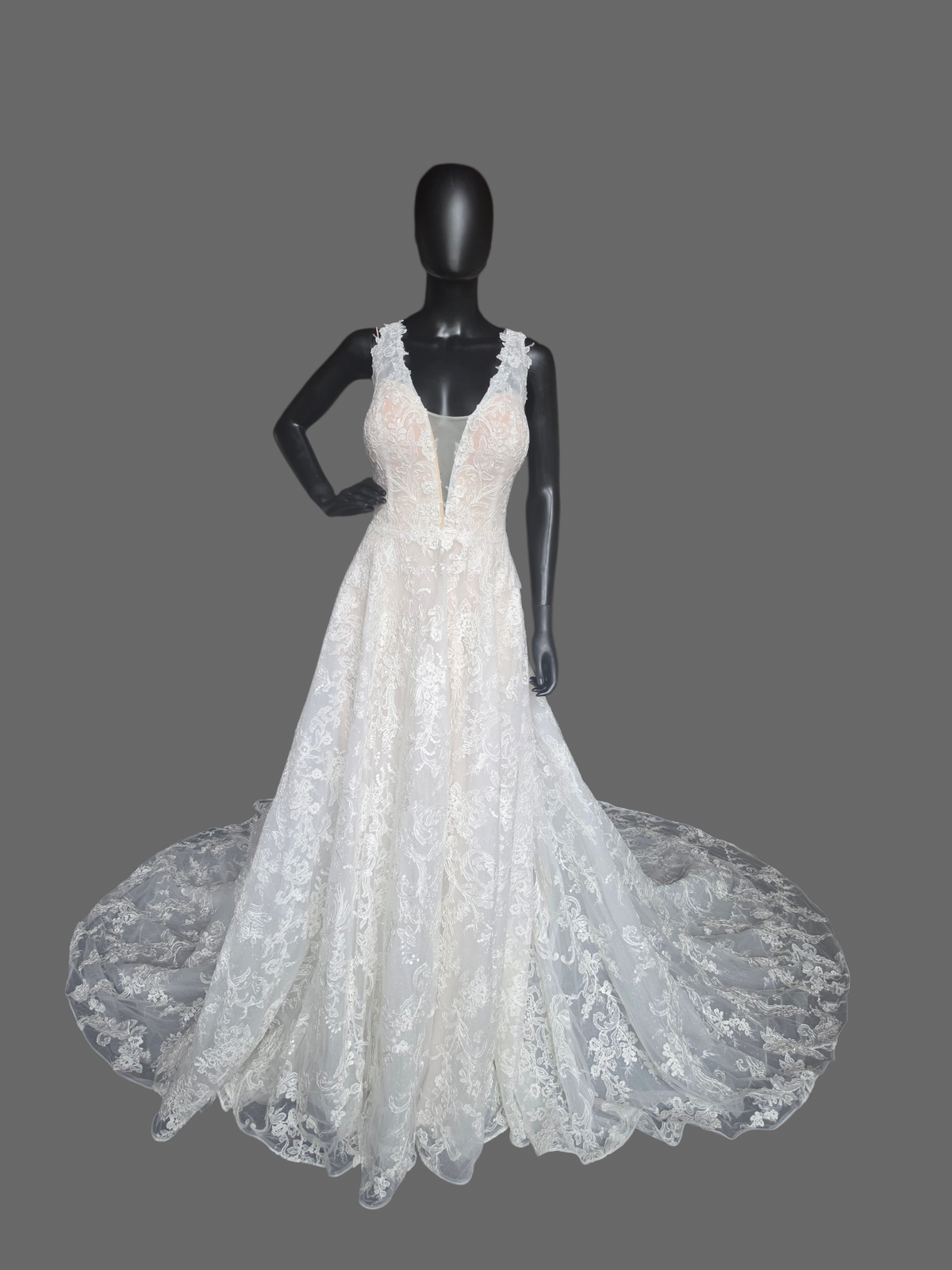 Ivory/Nude 3-Look Lace Plunge Sparkle A-Line Wedding Gown W/Detatch Sleeve - Martin Thornburg