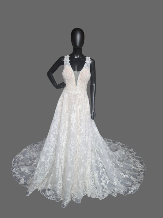 Ivory/Nude 3-Look Lace Plunge Sparkle A-Line Wedding Gown W/Detatch Sleeve - Martin Thornburg