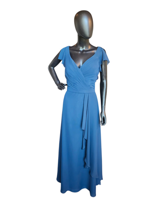 Navy Chiffon Flutter Sleeve Side Ruched Maxi Formal Dress - DaVinci