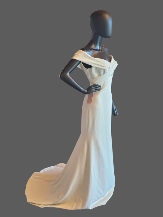 Off Shoulder Ivory Stretch Crepe Fit/Flare Wedding Gown - Theia NWT