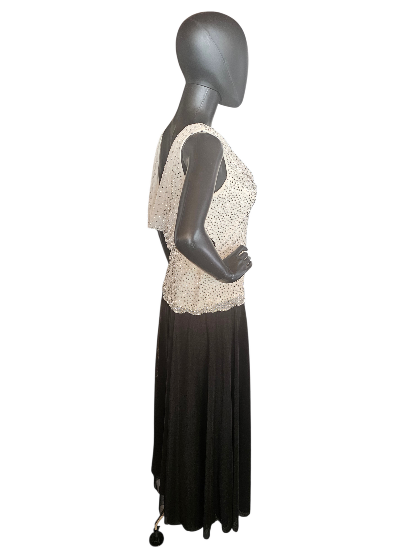 Ivory/Black Beaded Net Cowl Neck Formal Dress - Cache