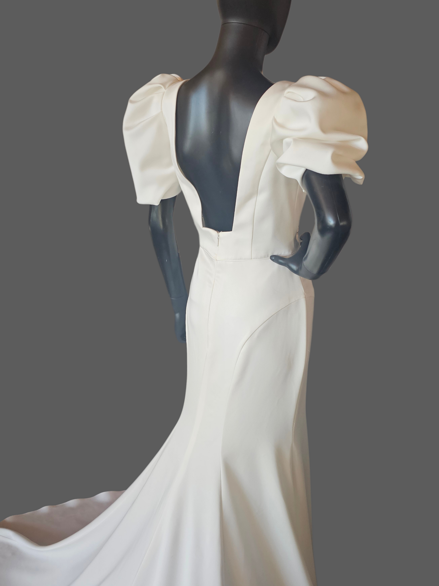 Ivory Silky Satin Fitted Square Neck Puff Sleeve Minimalist Wedding Gown - Casablanca