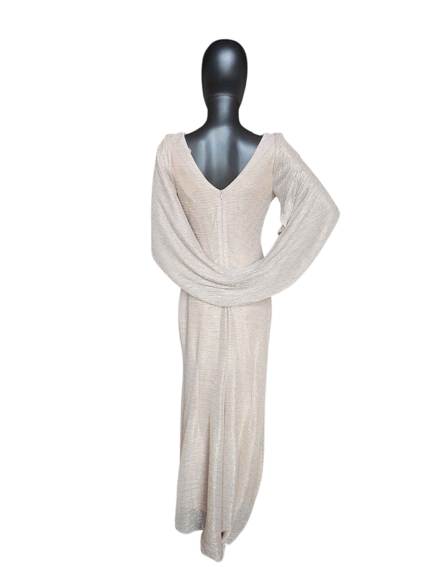 PETITE Gold Shimmer Fitted Shawl Sleeve Maxi Formal Dress NWT - Betsy + Adam