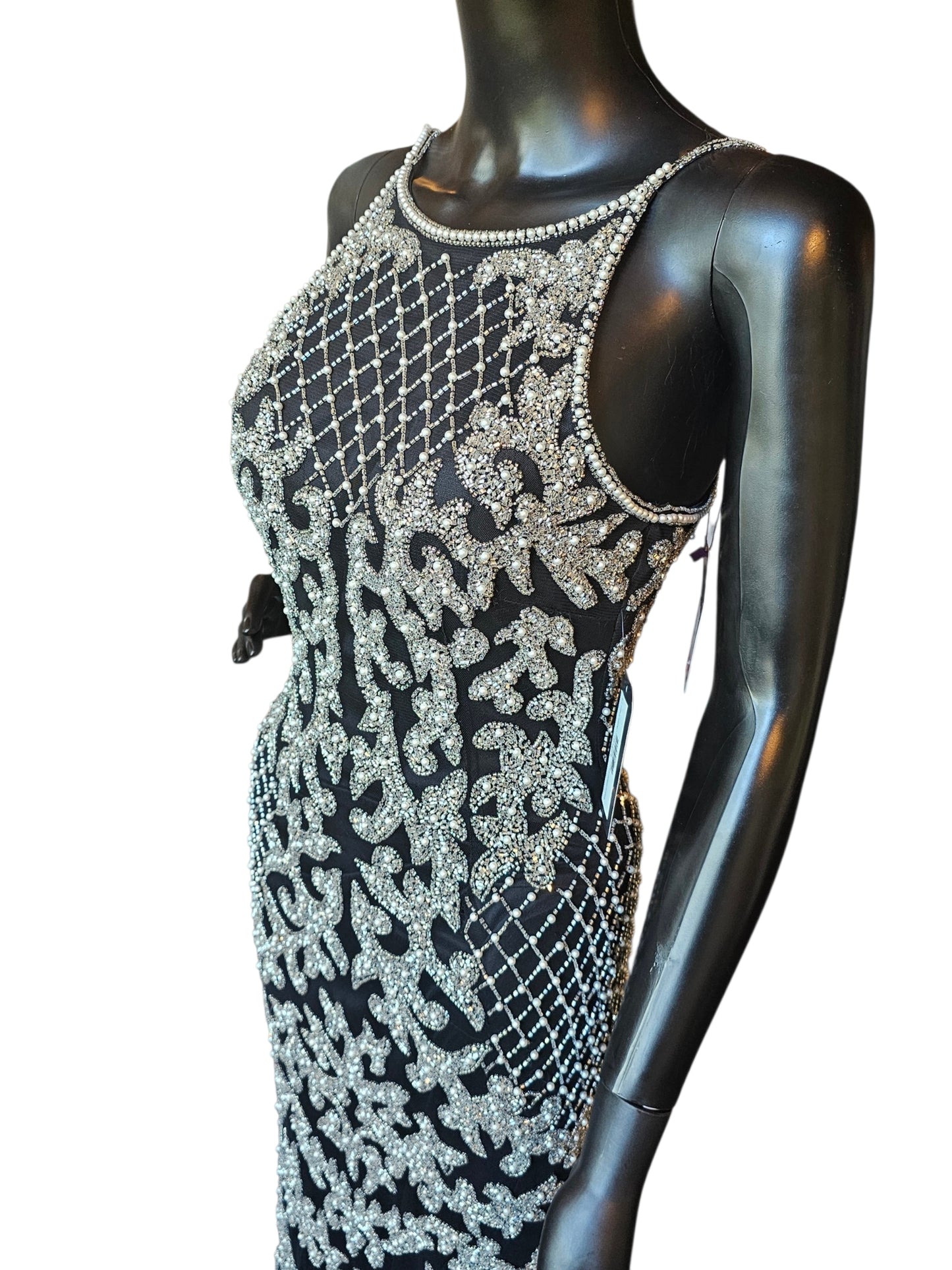 Black/Silver/Pearl Halter Fitted Beaded Spaghetti Straps Formal/Prom/Gala Dress - Abby Paris