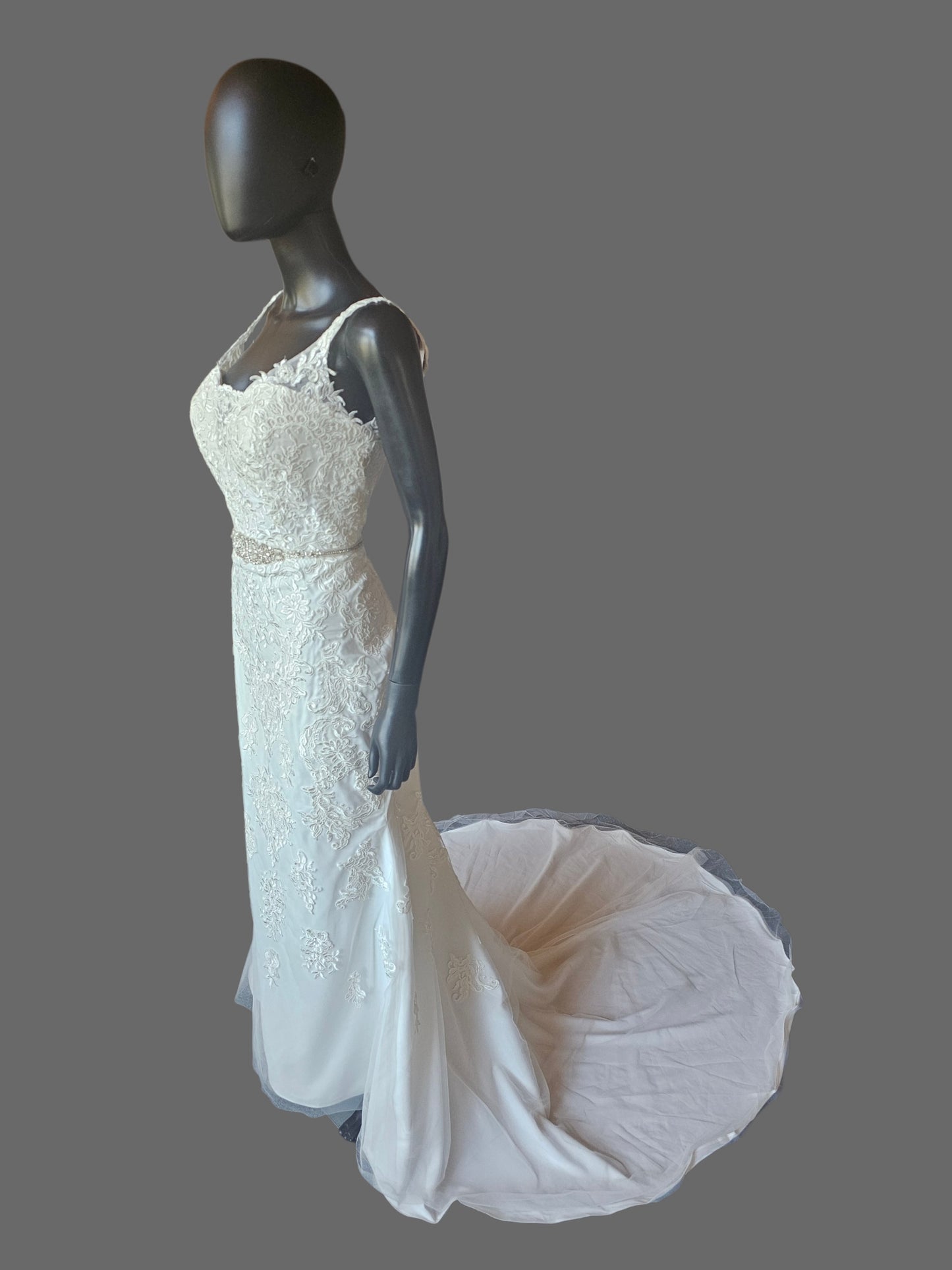 Lace V-Neck Belted Fit/Flare Wedding Gown - DaVinci