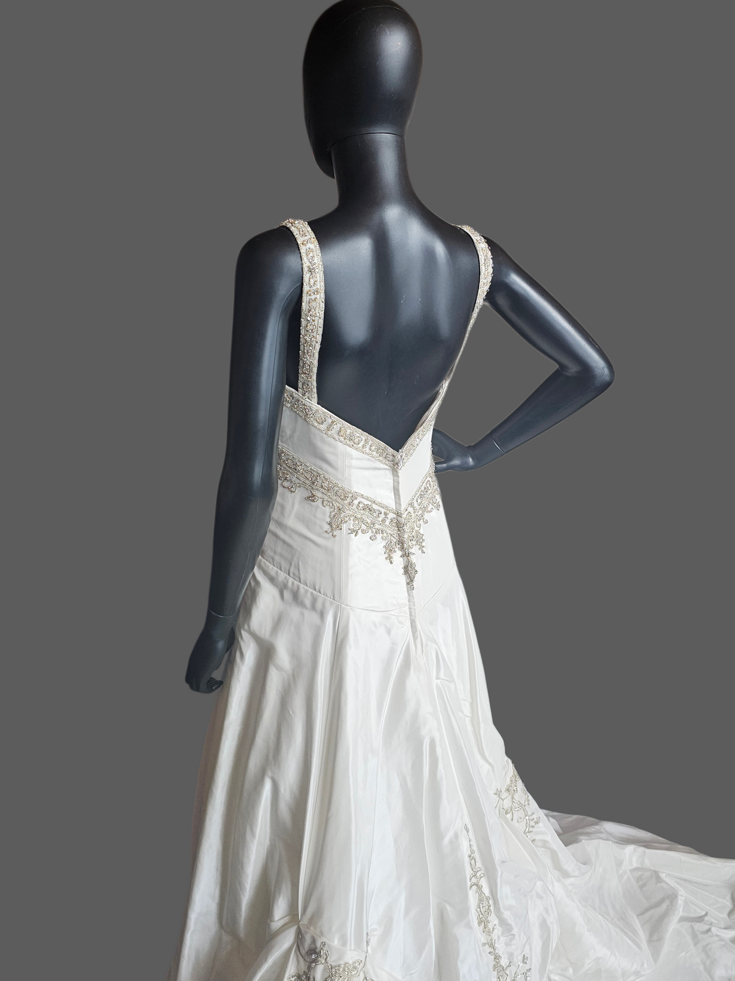 Ivory Taffeta Drop Waist V-Neck Wedding Gown - Petite