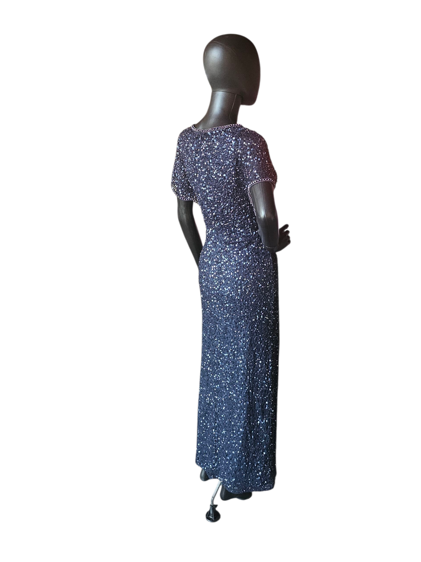 Navy Full Beaded Flutter Sleeve Formal Dress - Adrianna Papell