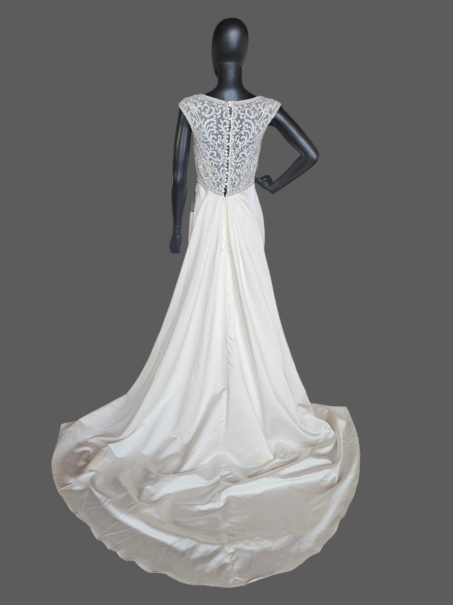 Ivory Satin Empire V-Neck Cap Sleeve Fit/Flare Wedding Gown - Da Vinci
