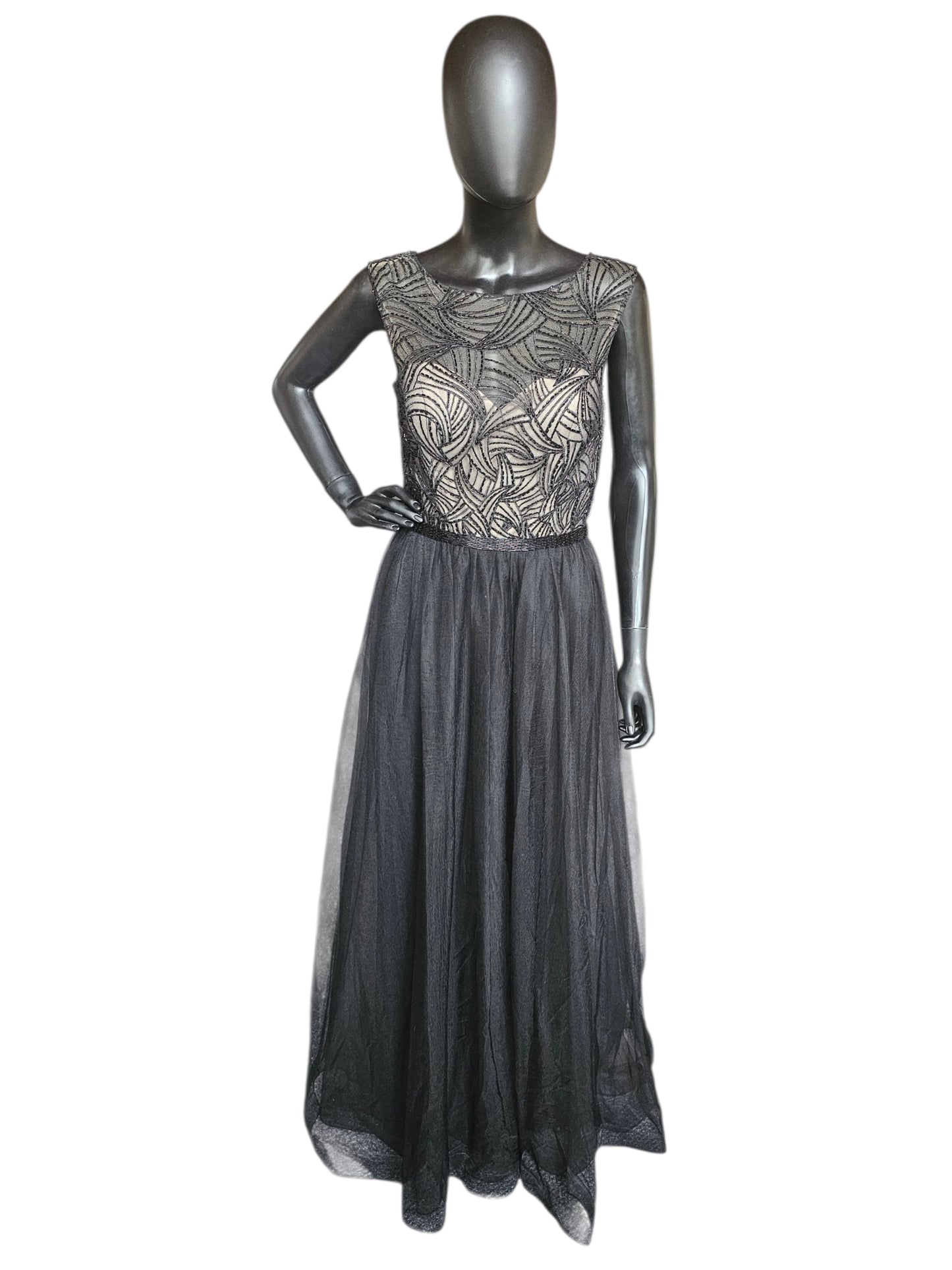 Black Embroidered A-Line Illusion Bodice Full Length Formal Dress - Mori Lee