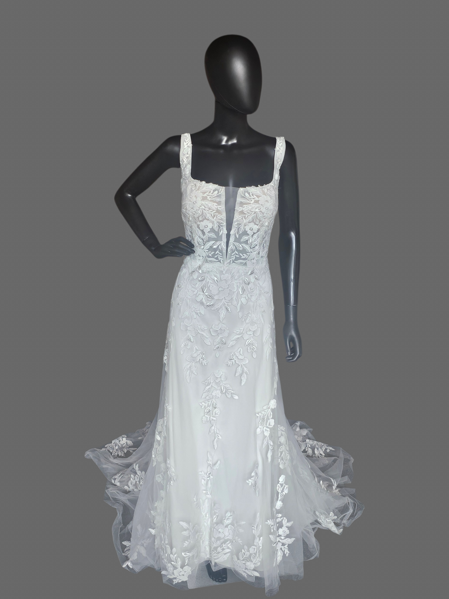 White Floral Lace Fit/Flare Corset Scoop Neck Plunge Detailed Train Wedding Gown - Rebecca Ingram