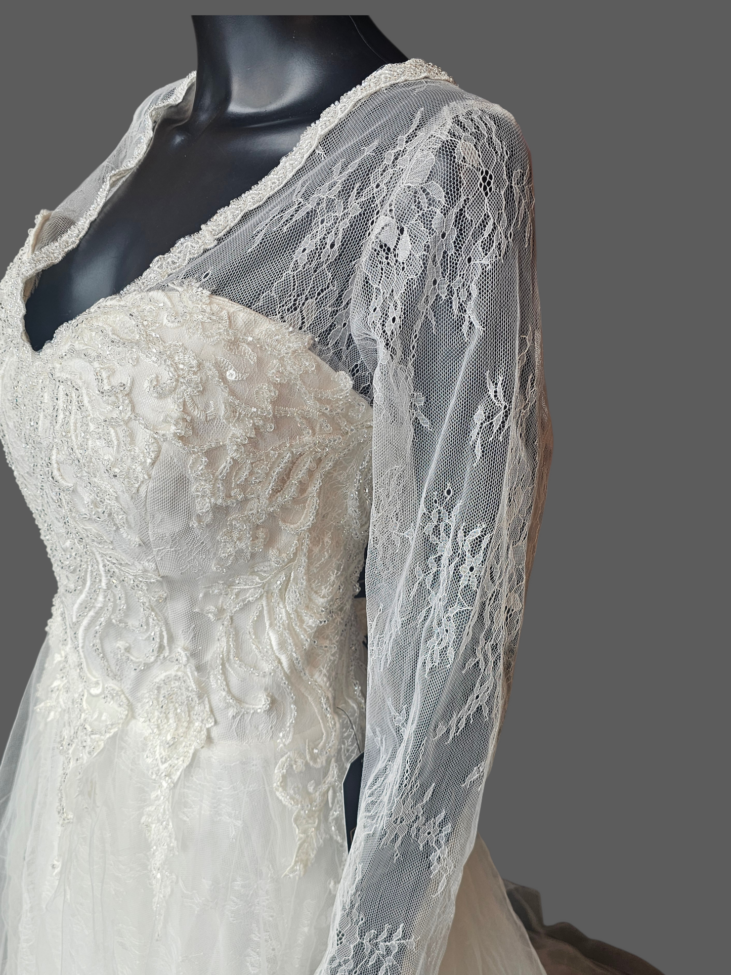 Ivory Lace Long Sleeve V-Neck Wedding Gown - Di La Sena