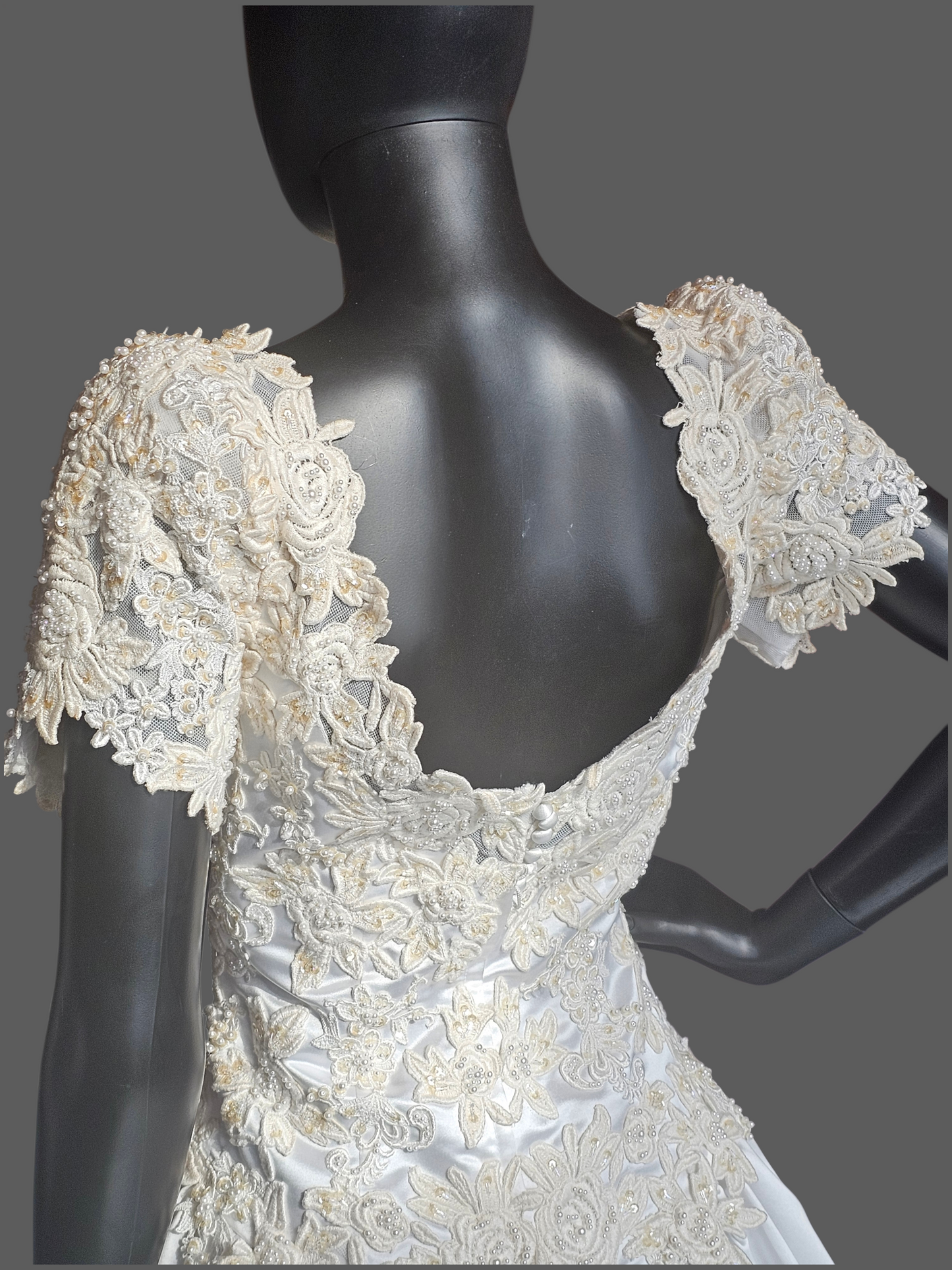 Vintage White Embroidered Cap Sleeve N-Neck Wedding Gown - Modest