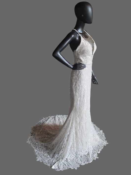 Cafe Art Deco Sequin Fitted Plunge Wedding Gown - Zavanna