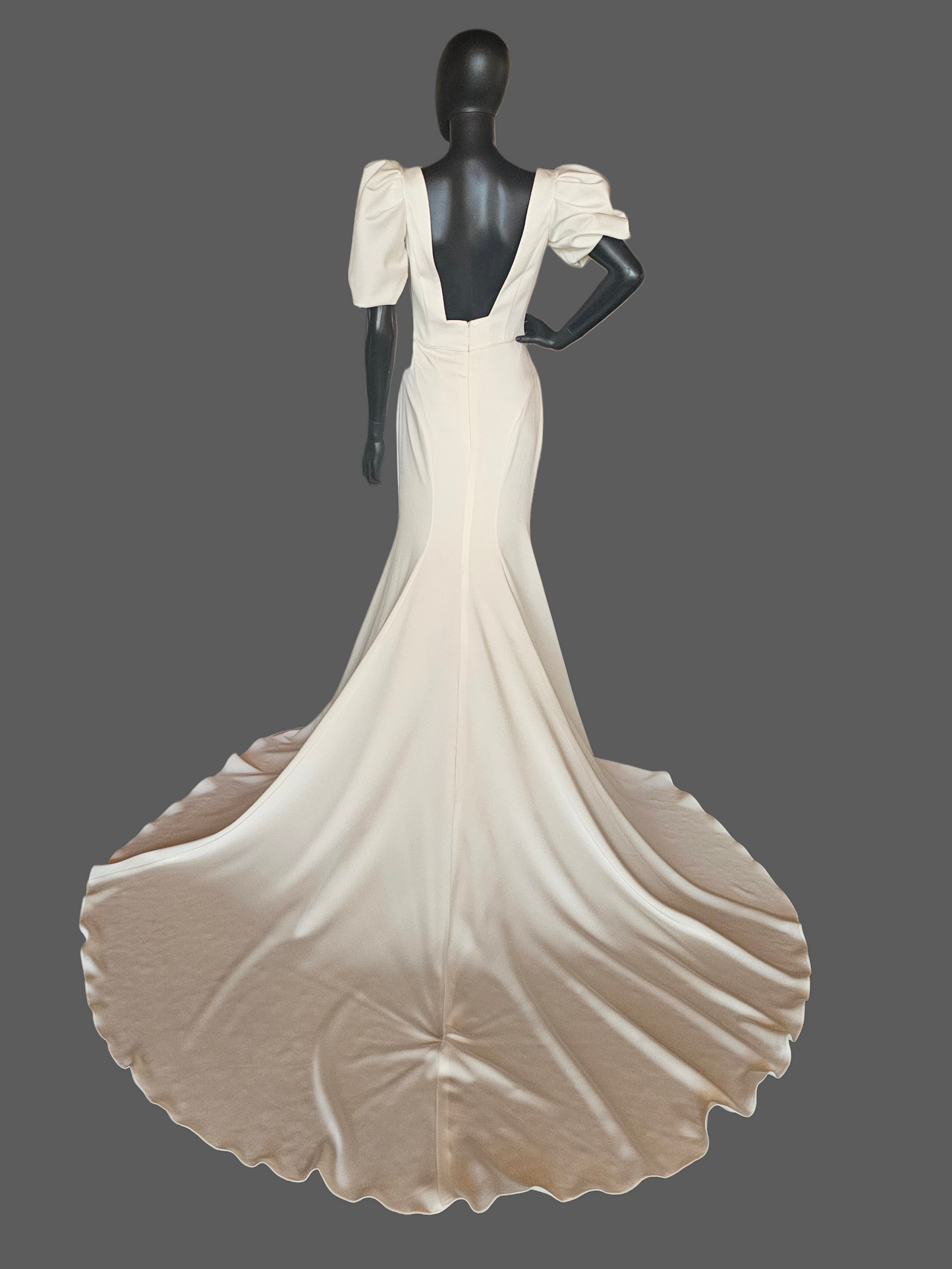 Ivory Silky Satin Fitted Square Neck Puff Sleeve Minimalist Wedding Gown - Casablanca