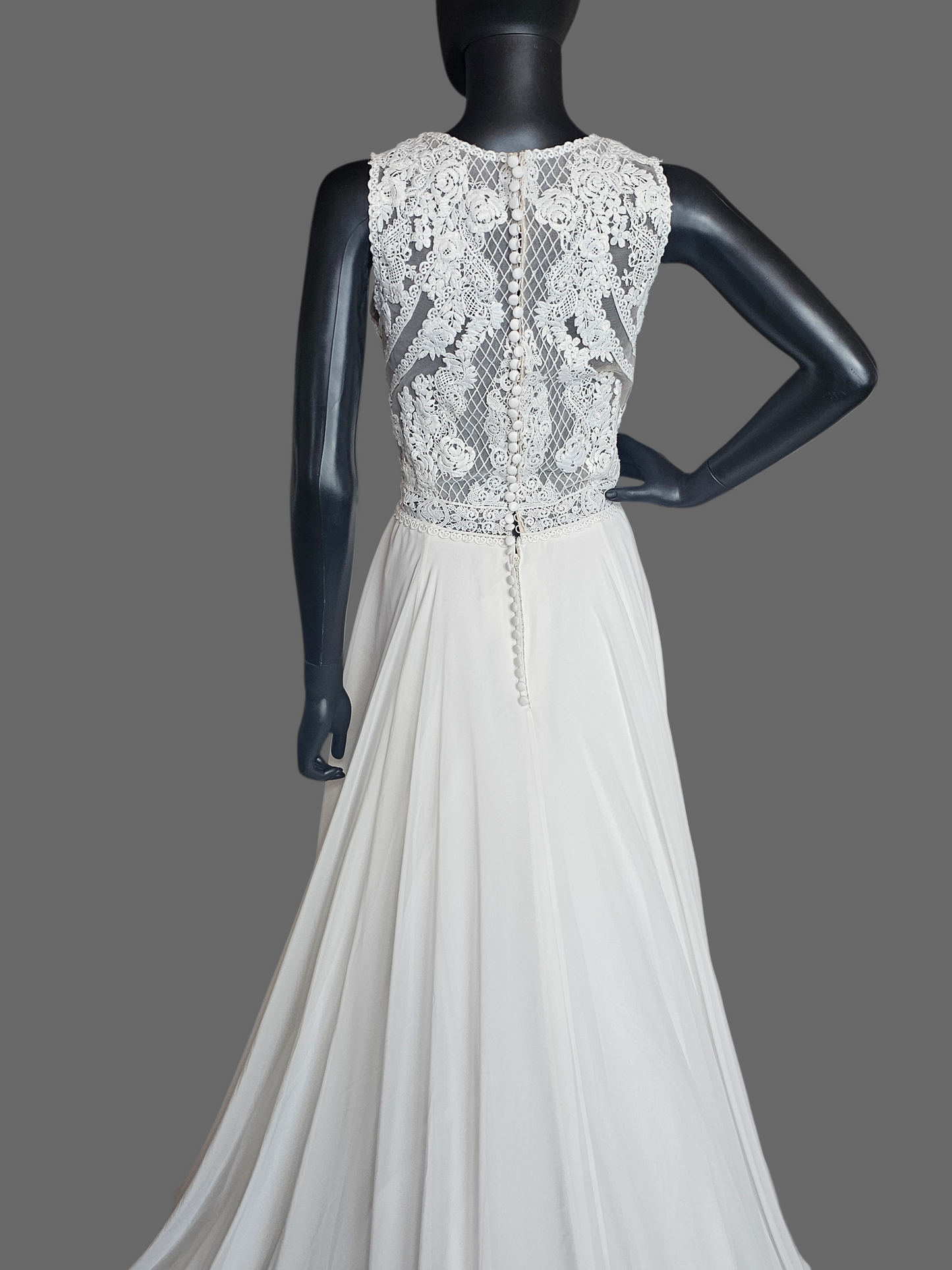 Ivory/Nude High Neck Lace Chiffon Skirt Wedding Gown - Justin Alexander