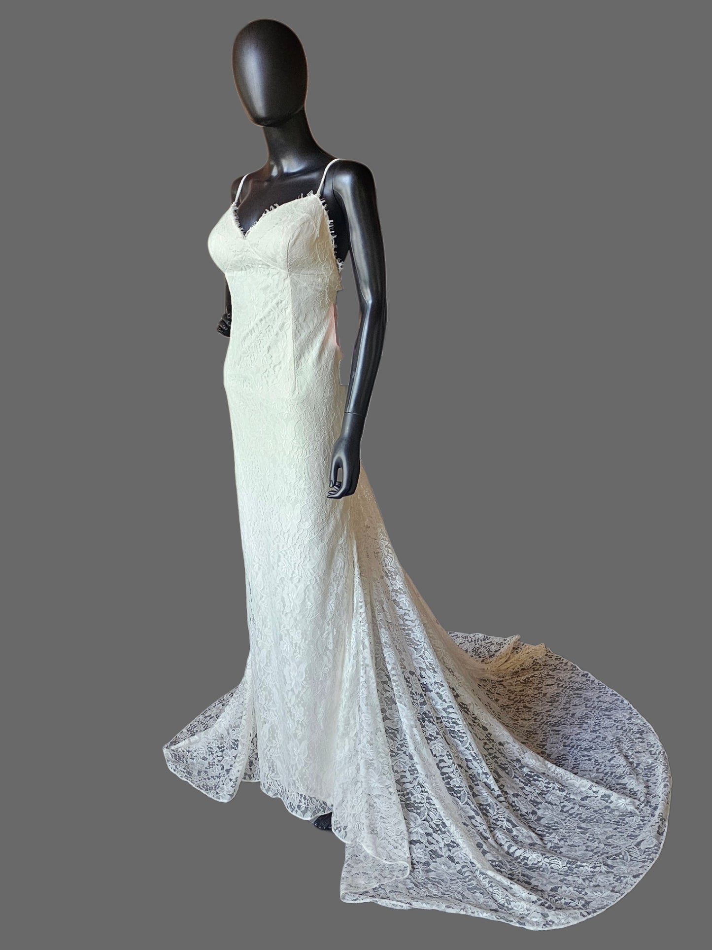 Floral Lace Fit/Flare Open Back Spaghetti Strap Fitted Wedding Gown - Galina
