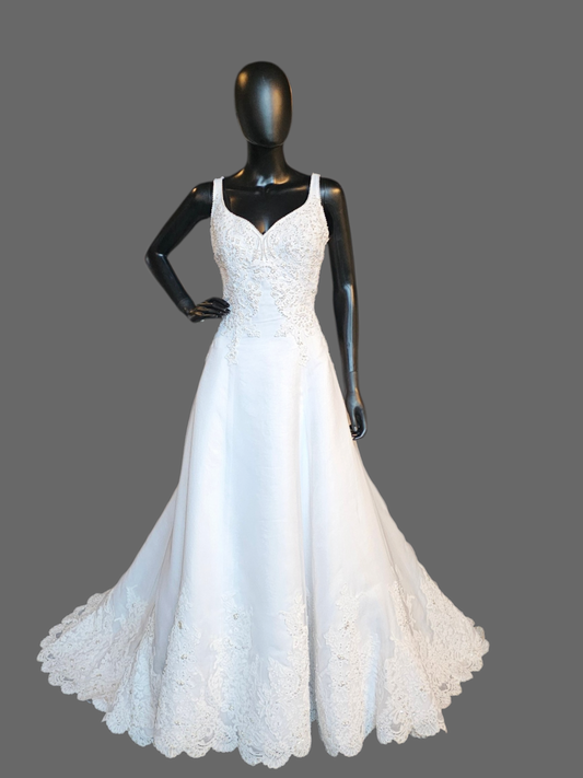 V-Neck Lace Applique Organza Wedding Gown - Oleg Cassini