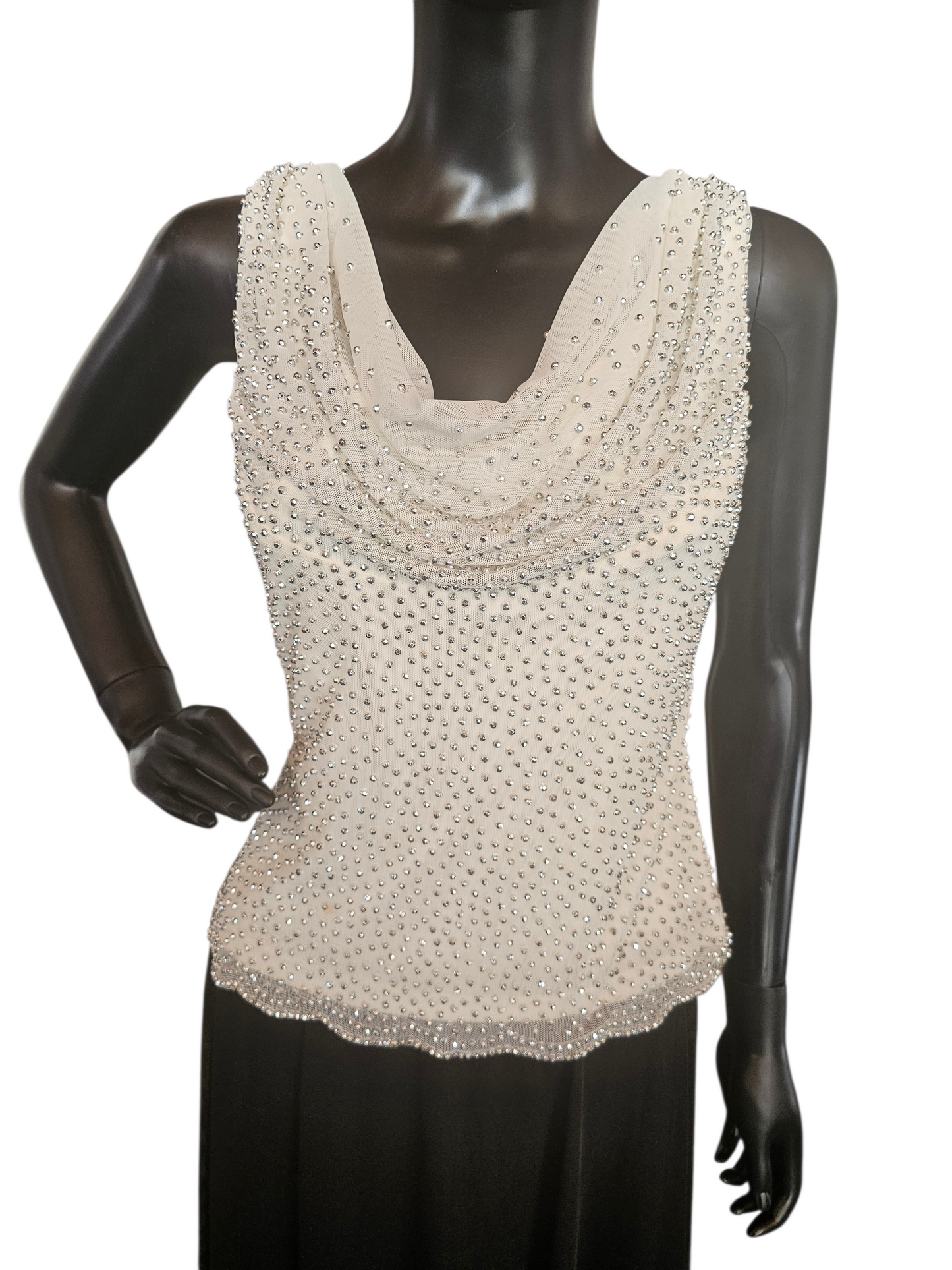 Ivory/Black Beaded Net Cowl Neck Formal Dress - Cache