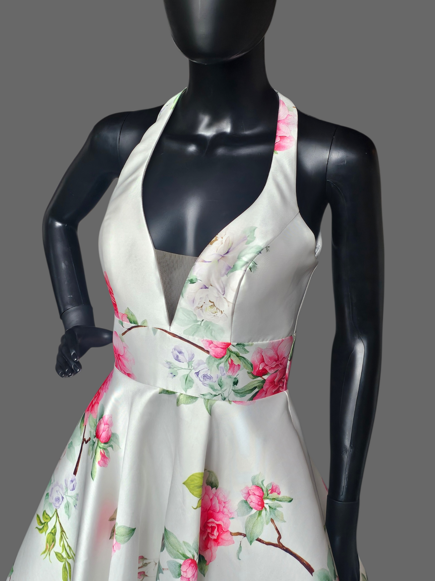 Ivory/Multi Floral Halter A-Line Formal Dress - The Secret Dress