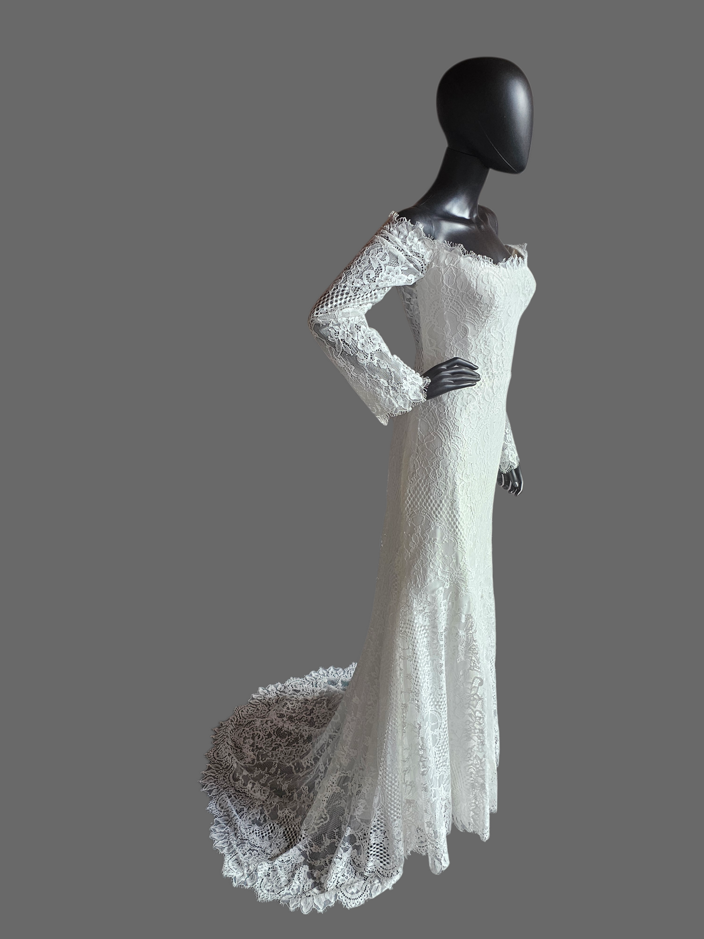 Off Shoulder Soft Ivory Lace Sleeve Fit/Flare Wedding Gown - Wtoo