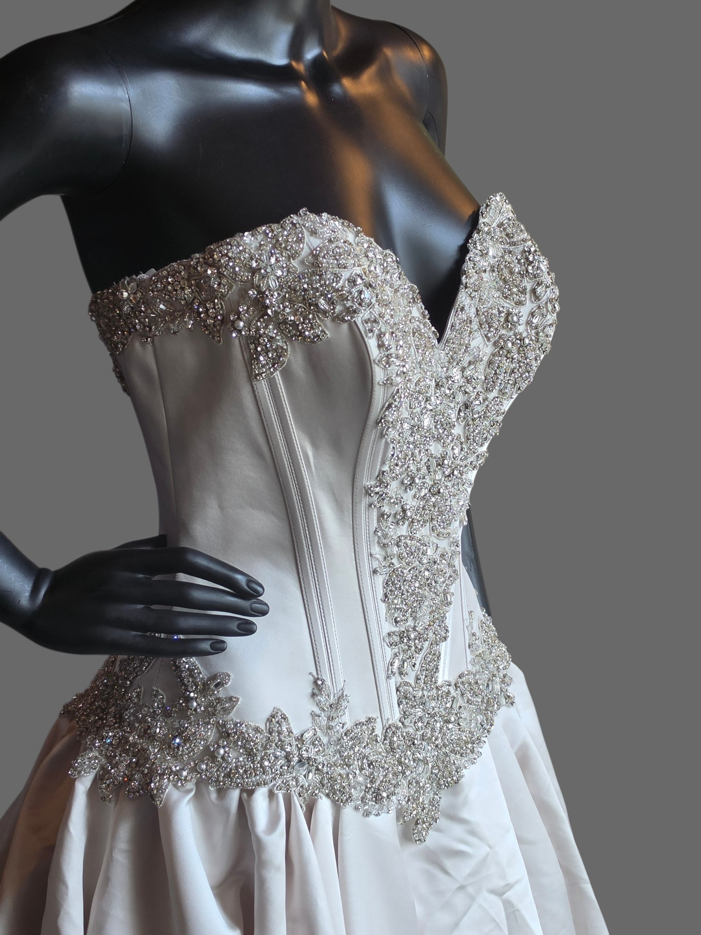 Café/Silver Satin Beaded Basque Waist Sweetheart Wedding Gown - Allure