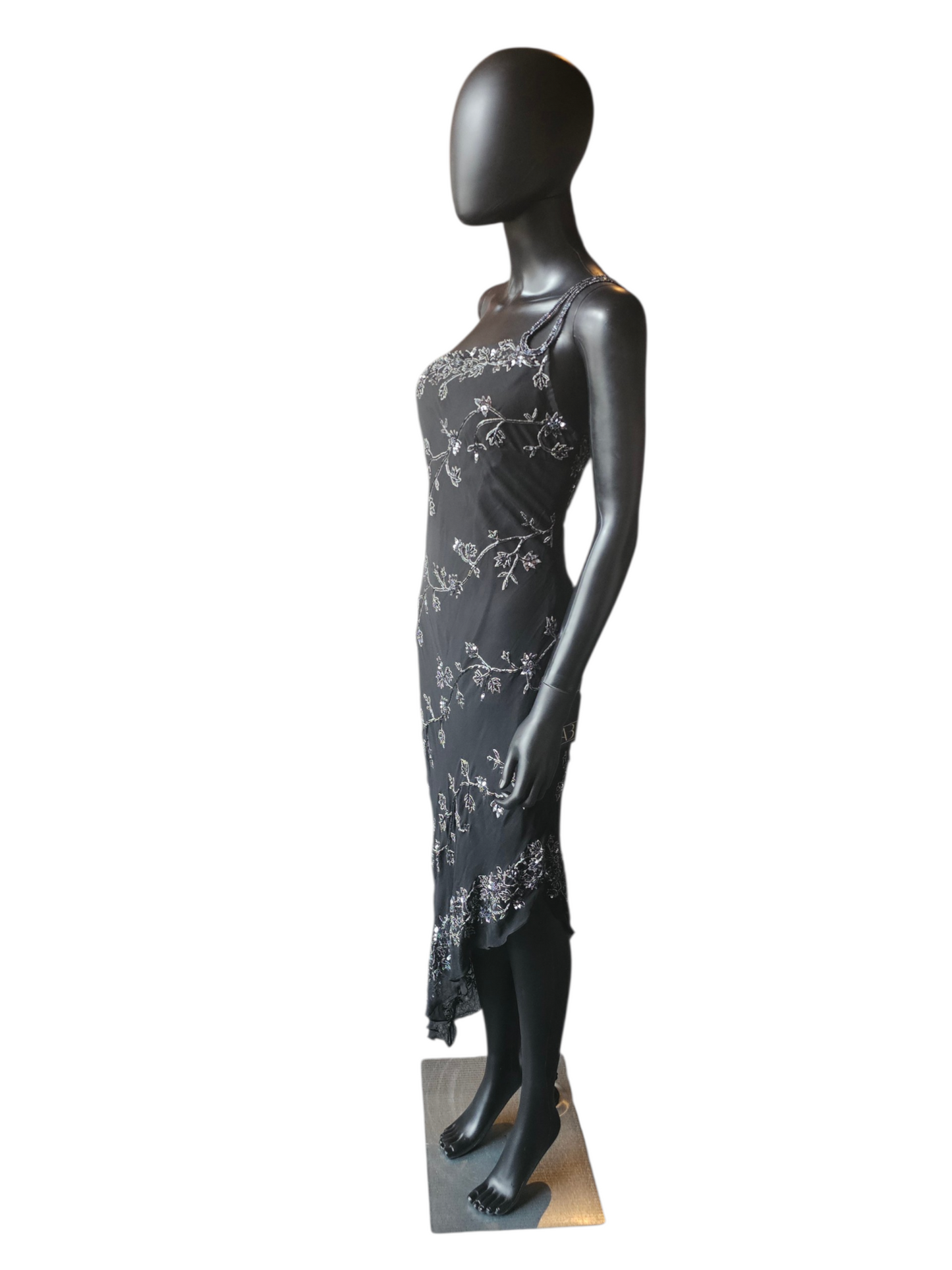 100% Silk Vintage Black Beaded Asymmetrical HighLow Dress - Scala
