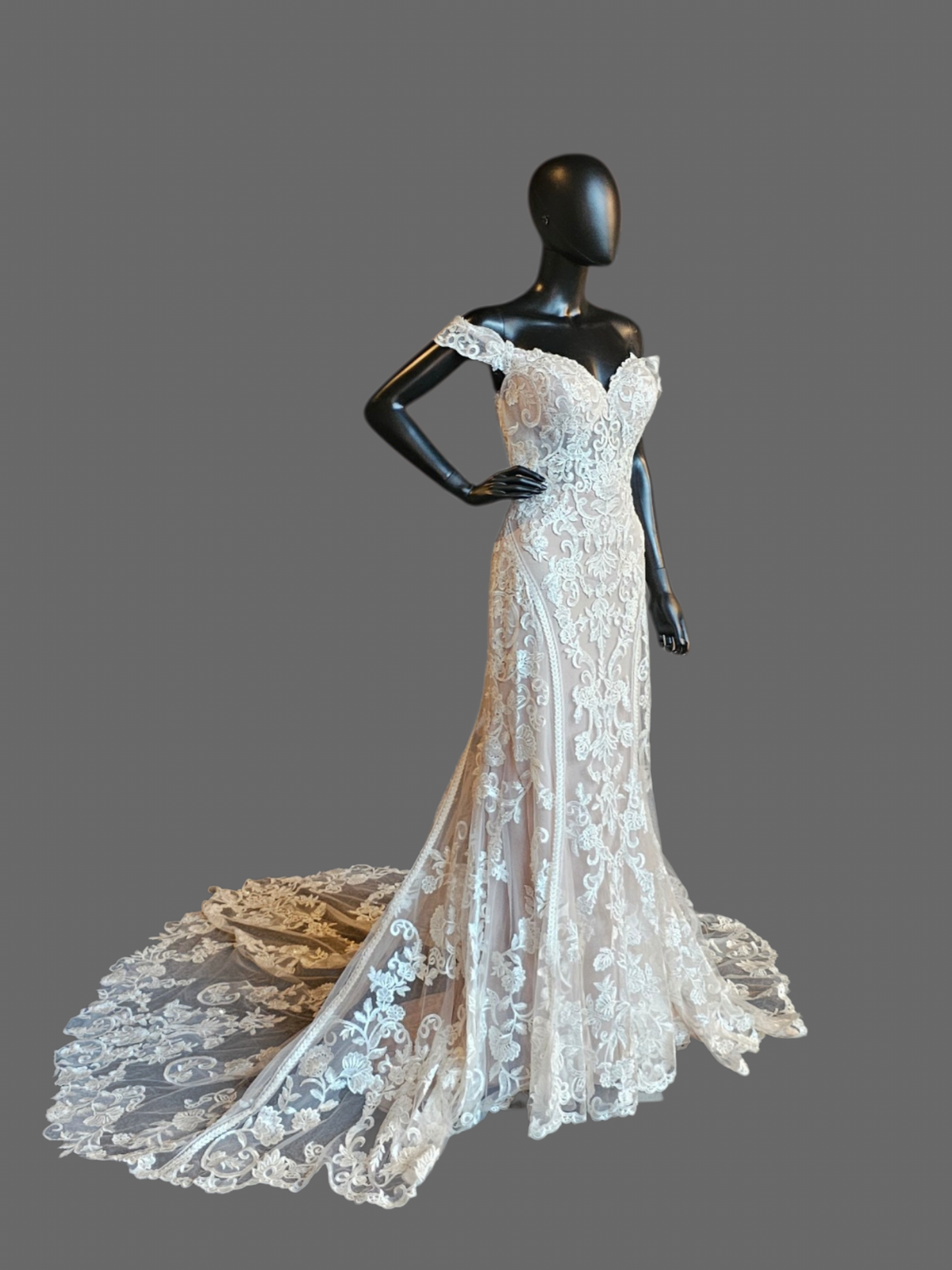 Nude/Ivory Lace Deco Off Shoulder Fitted Wedding Gown - Allure