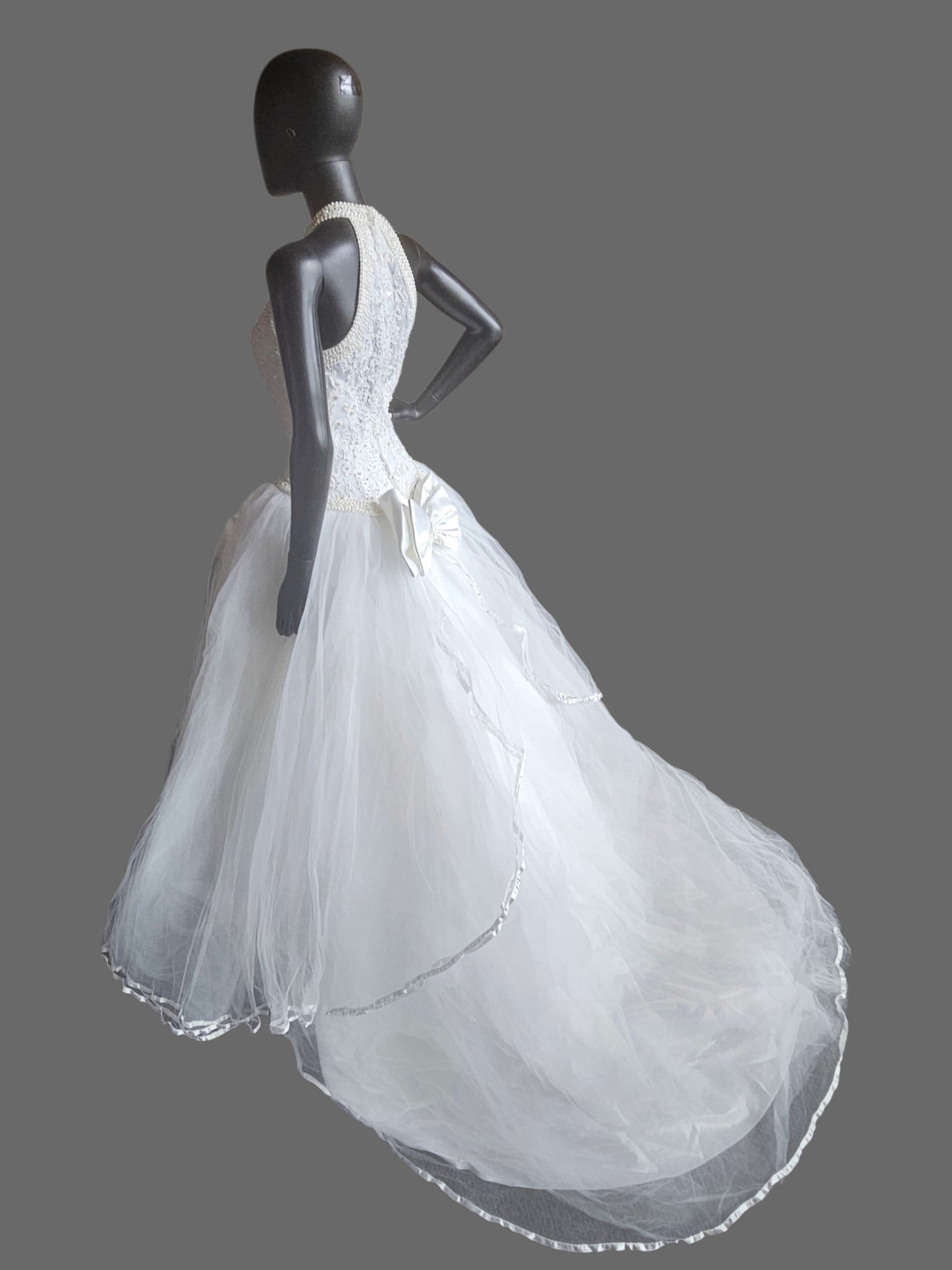 Vintage 90's Pearl Racer Halter Tulle Ballgown Wedding Dress  - Mori Lee