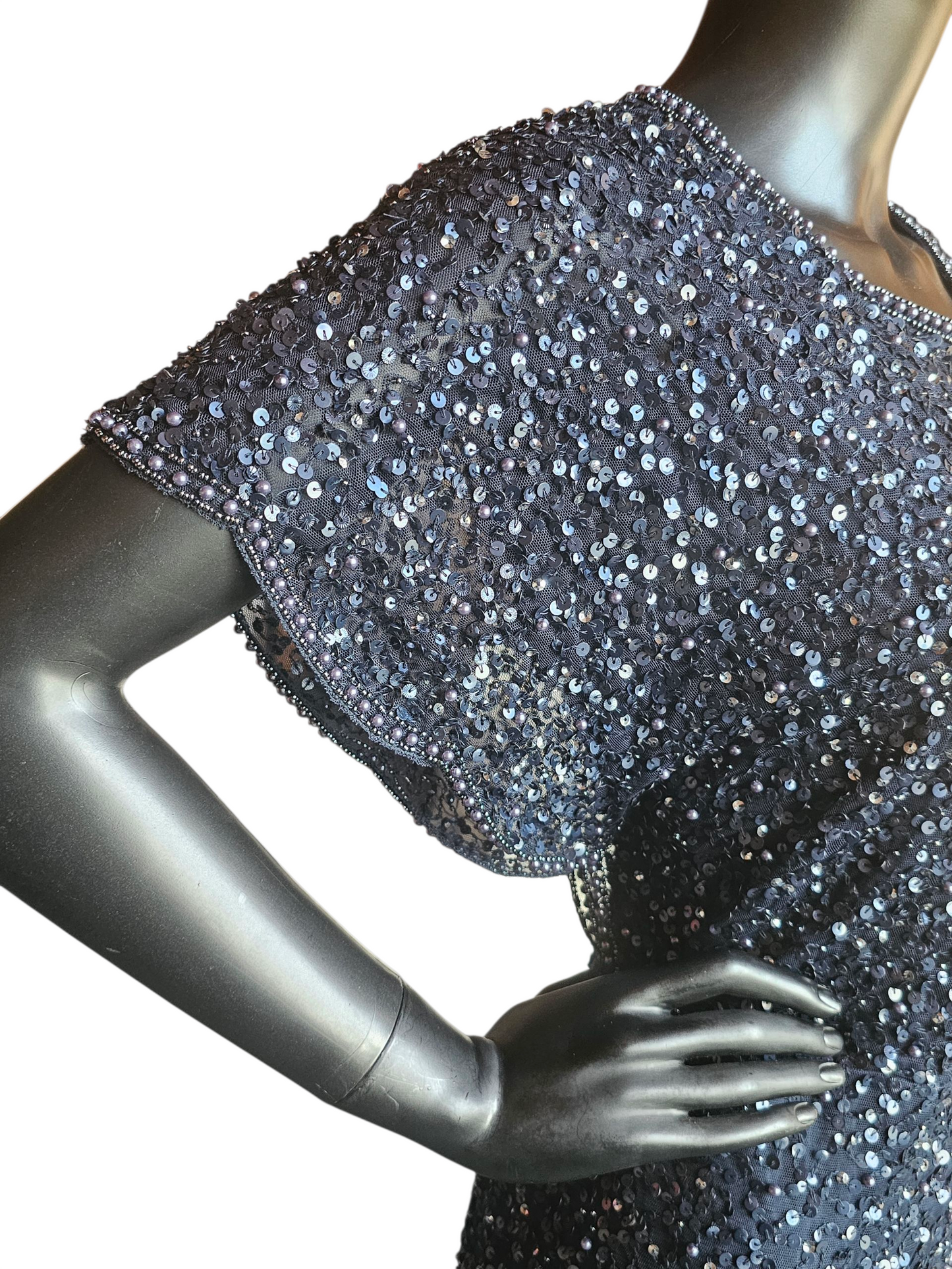 Navy Full Beaded Flutter Sleeve Formal Dress - Adrianna Papell