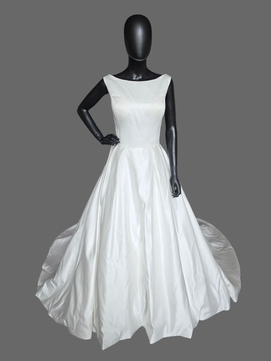 Ivory Simple Satin A-Line Boat Neck Box Pleat Wedding Dress