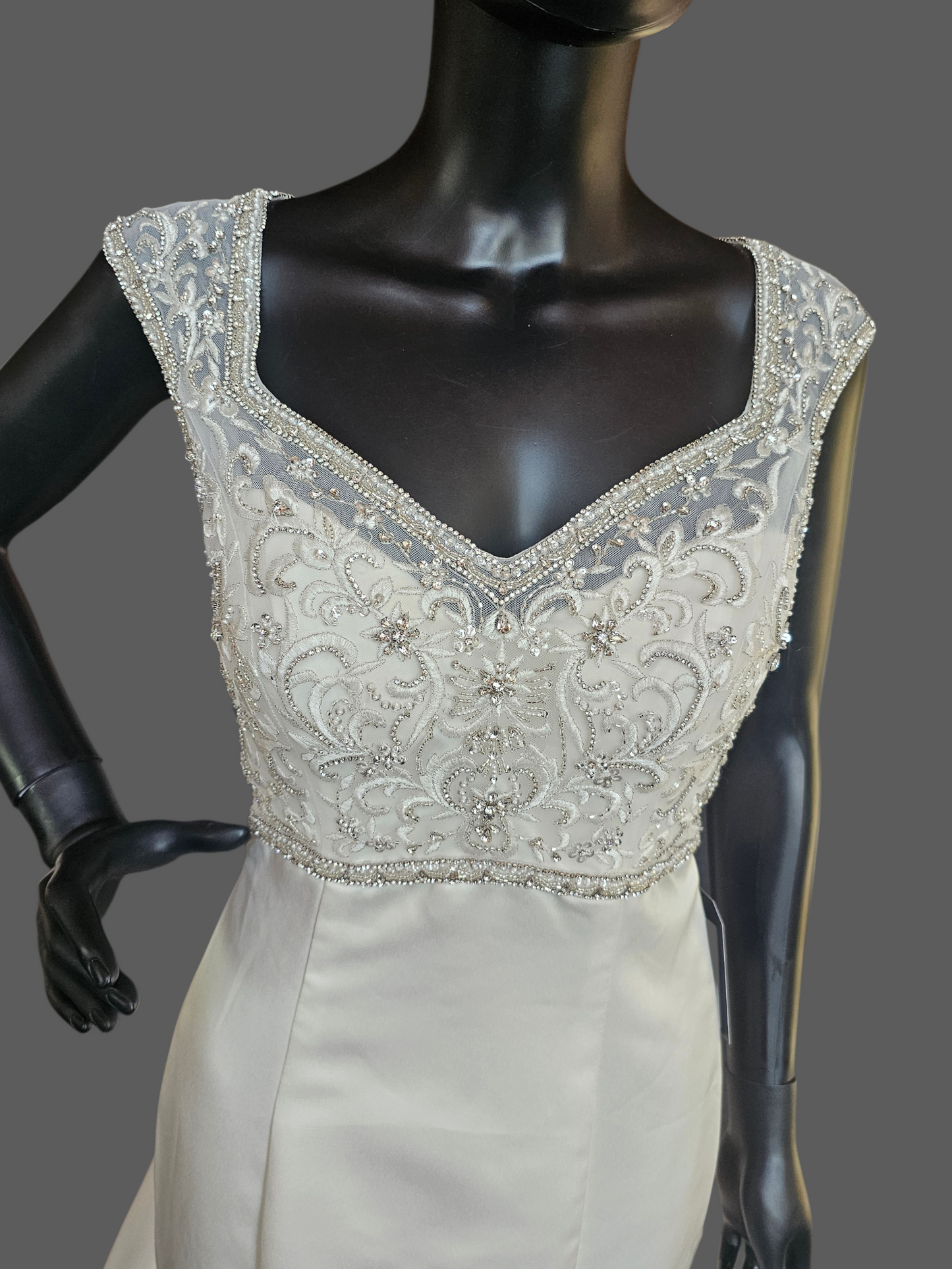 Ivory Satin Empire V-Neck Cap Sleeve Fit/Flare Wedding Gown - Da Vinci