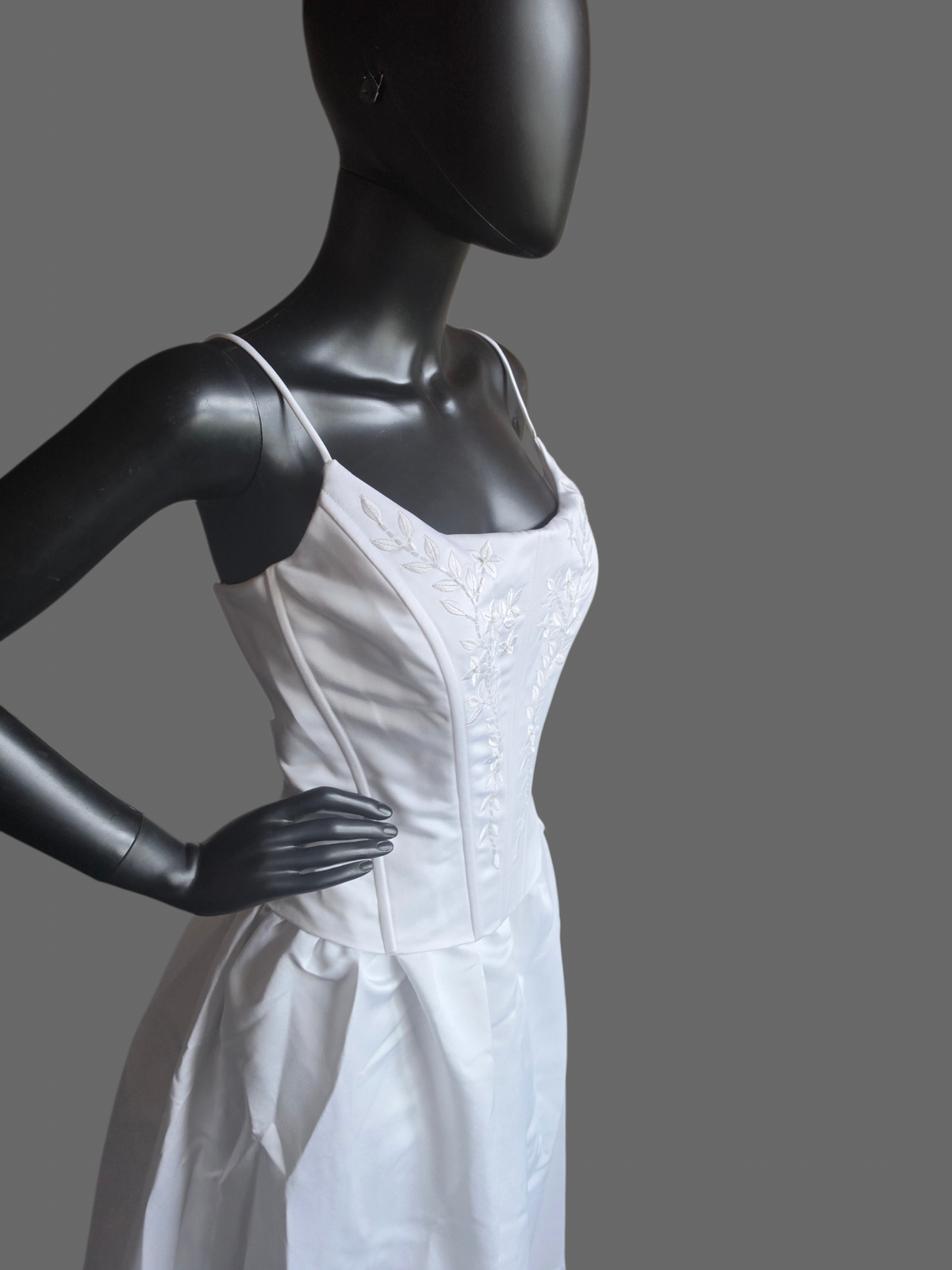 White Satin Basque Waist Embroidered Corset Bodice (no train) Wedding Gown - Jaqueline