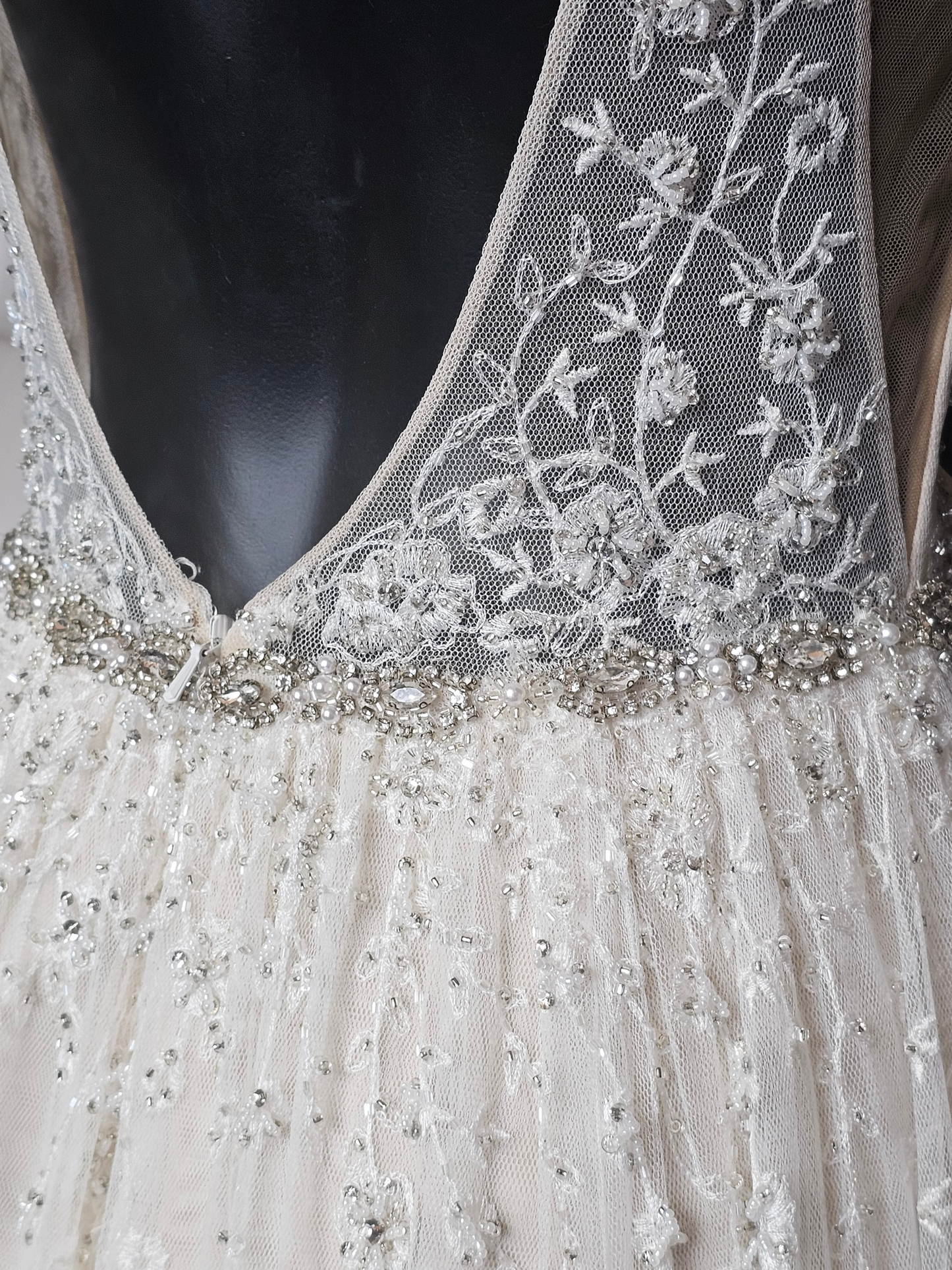 Ivory/Champagne Soft Netting Plunge V-Neck Open Back Wedding Gown - Martin Thornburg