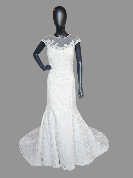 Ivory Fit/Flare Lace Illusion Neckline Cap Sleeve Wedding Gown - Da Vinci