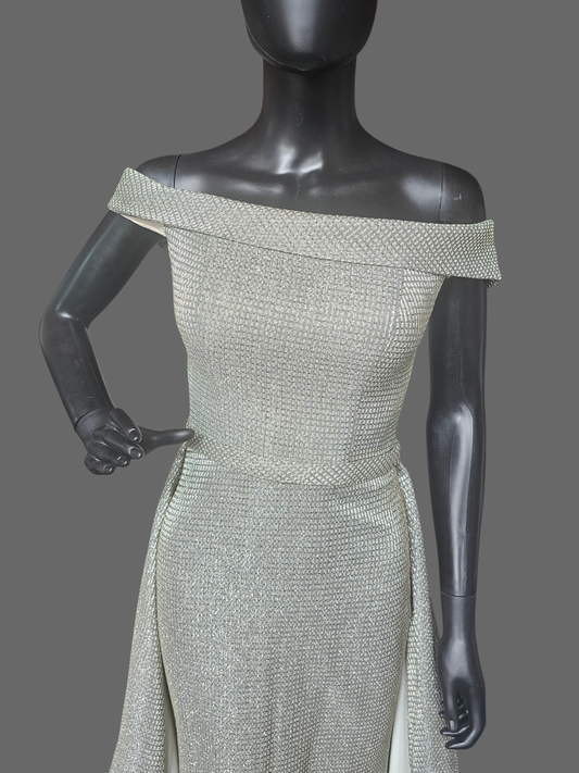 Gold Metallic Off Shoulder A-Line Overskirt Formal Dress NWT - Jovani
