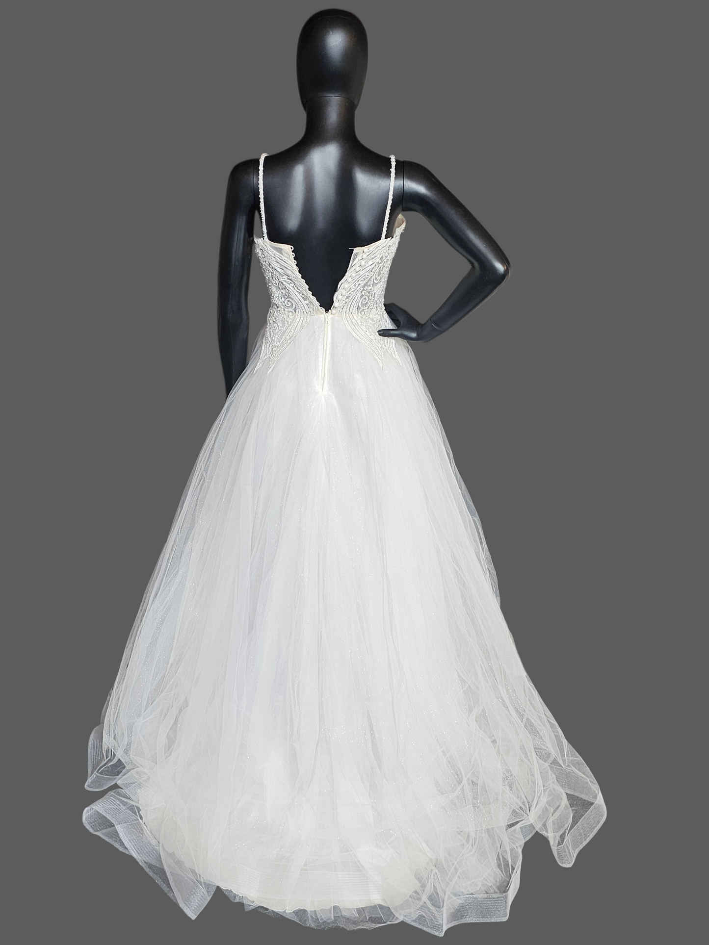 Ivory Spaghetti Strap Illusion Bodice Tulle A-Line Wedding Gown - Di La Sena - NWT