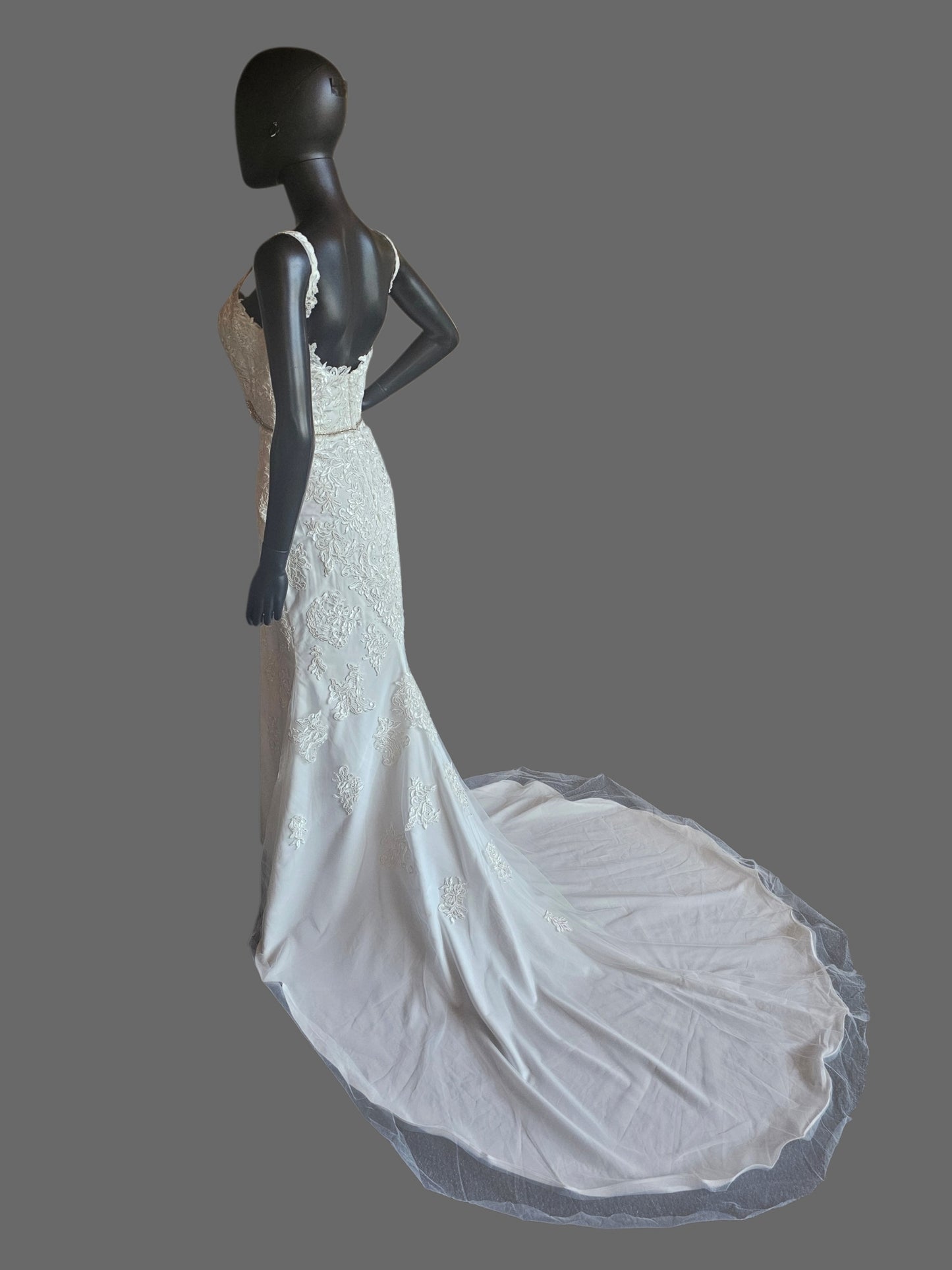 Lace V-Neck Belted Fit/Flare Wedding Gown - DaVinci