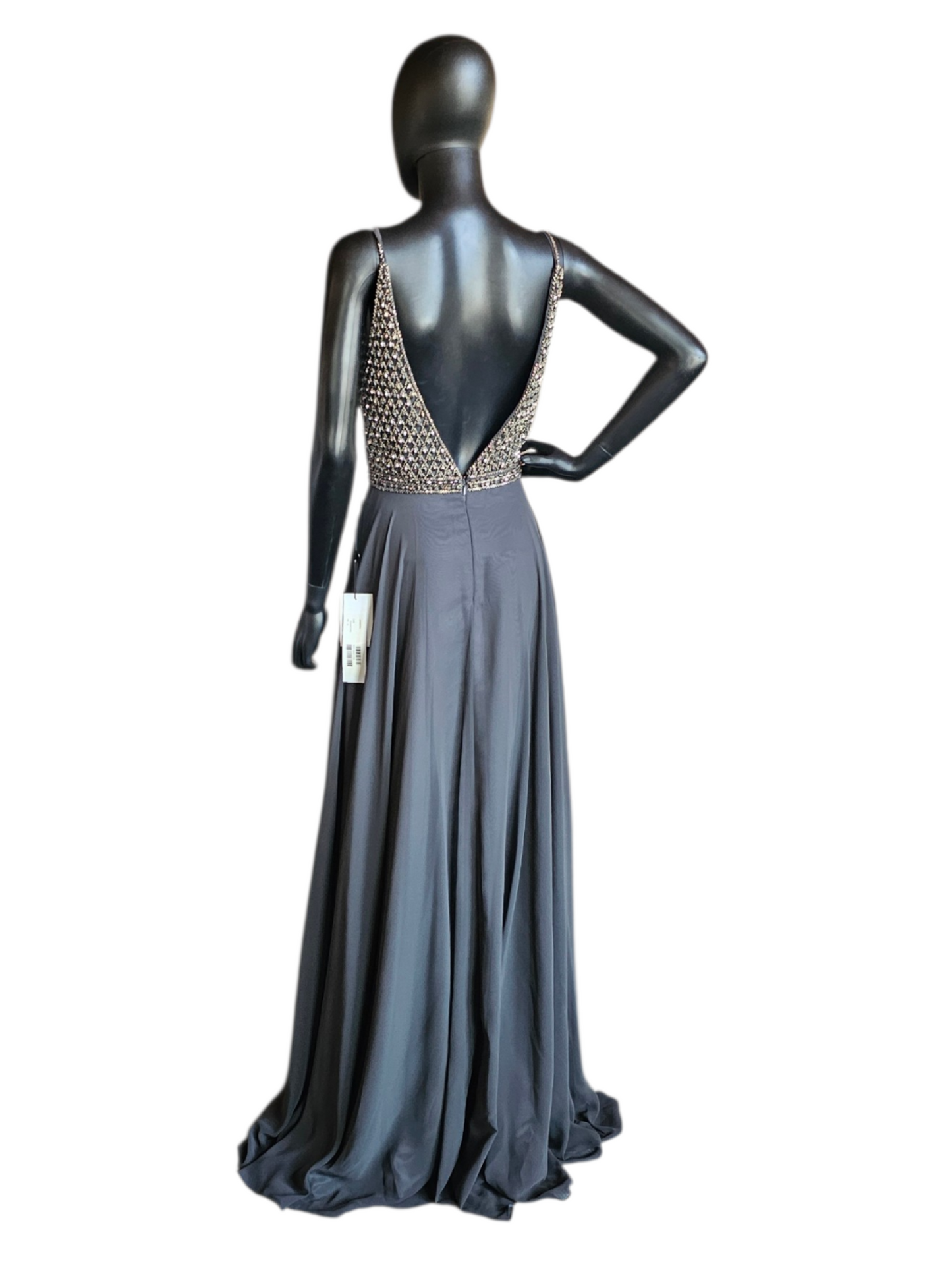 Charcoal A-Line beaded V-Neck Plunge Open Back Formal/Prom Dress - Jovani