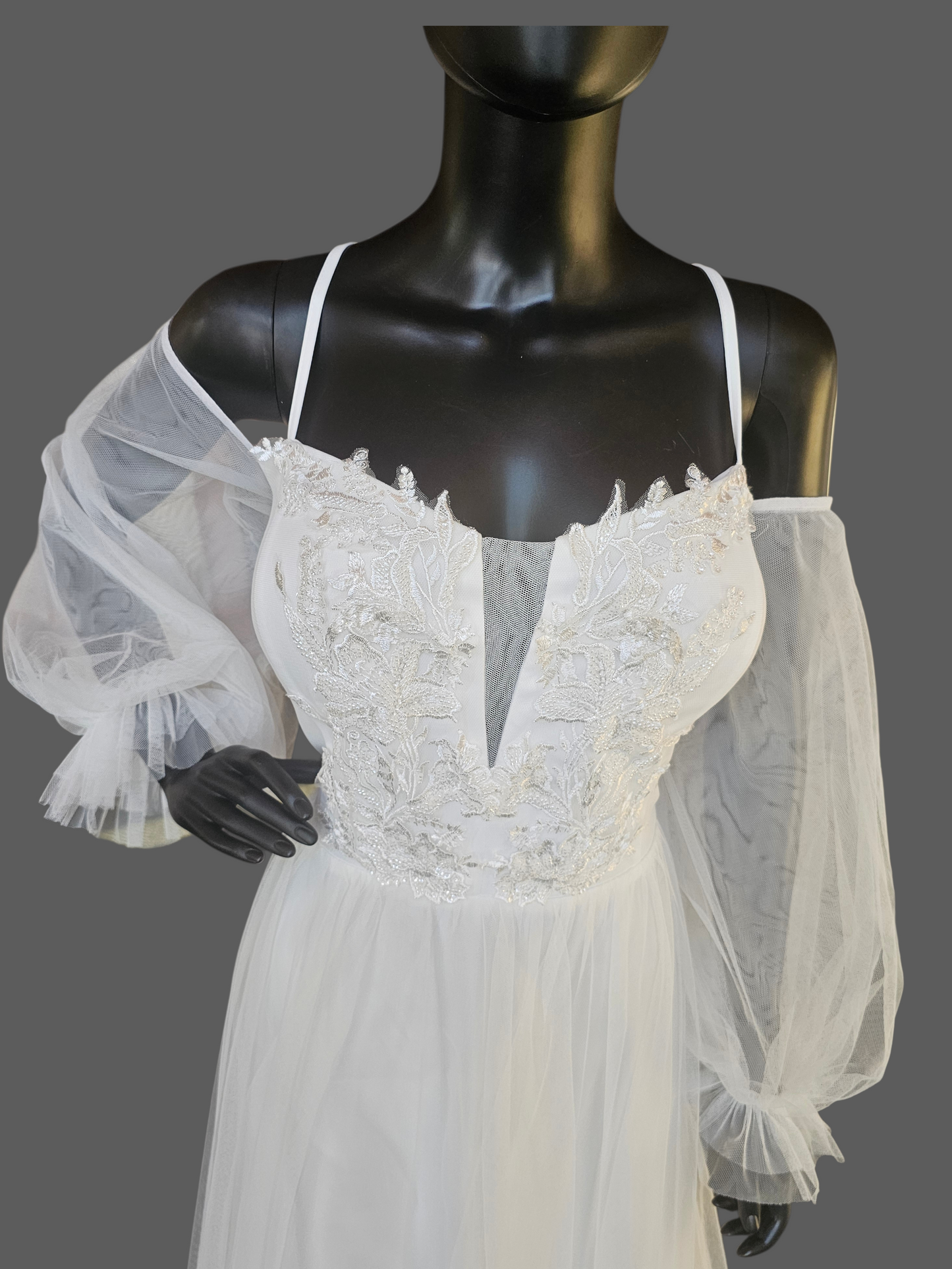 White Off Shoulder Sleeve Plunge Boho Wedding Gown  - Ever Pretty