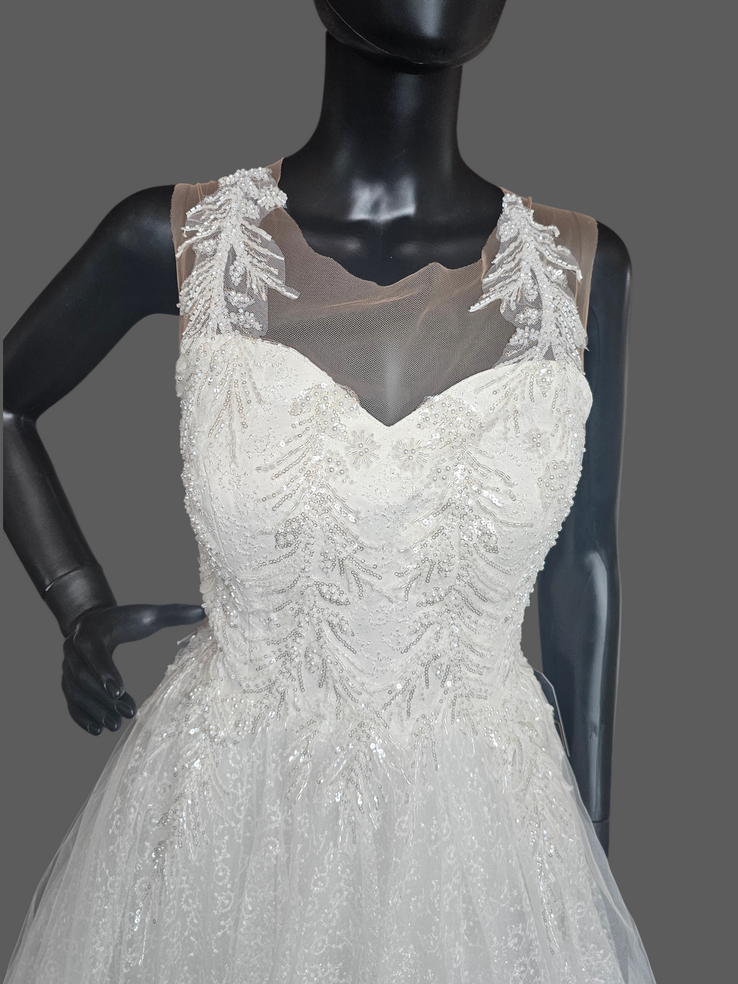 Ivory Illusion Sweetheart Sparkle Lace Underlay A-Line Wedding Gown - Di La Sena