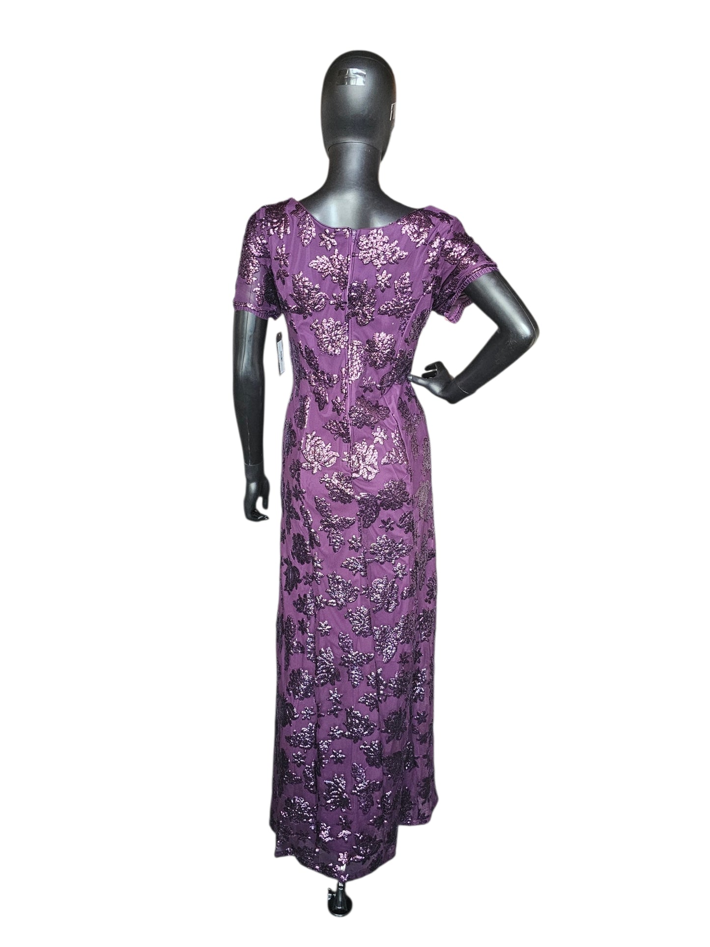 Plum Purple Floral Sequin Scoop Neck Cap Sleeve Full Length Formal Dress - Eva USA