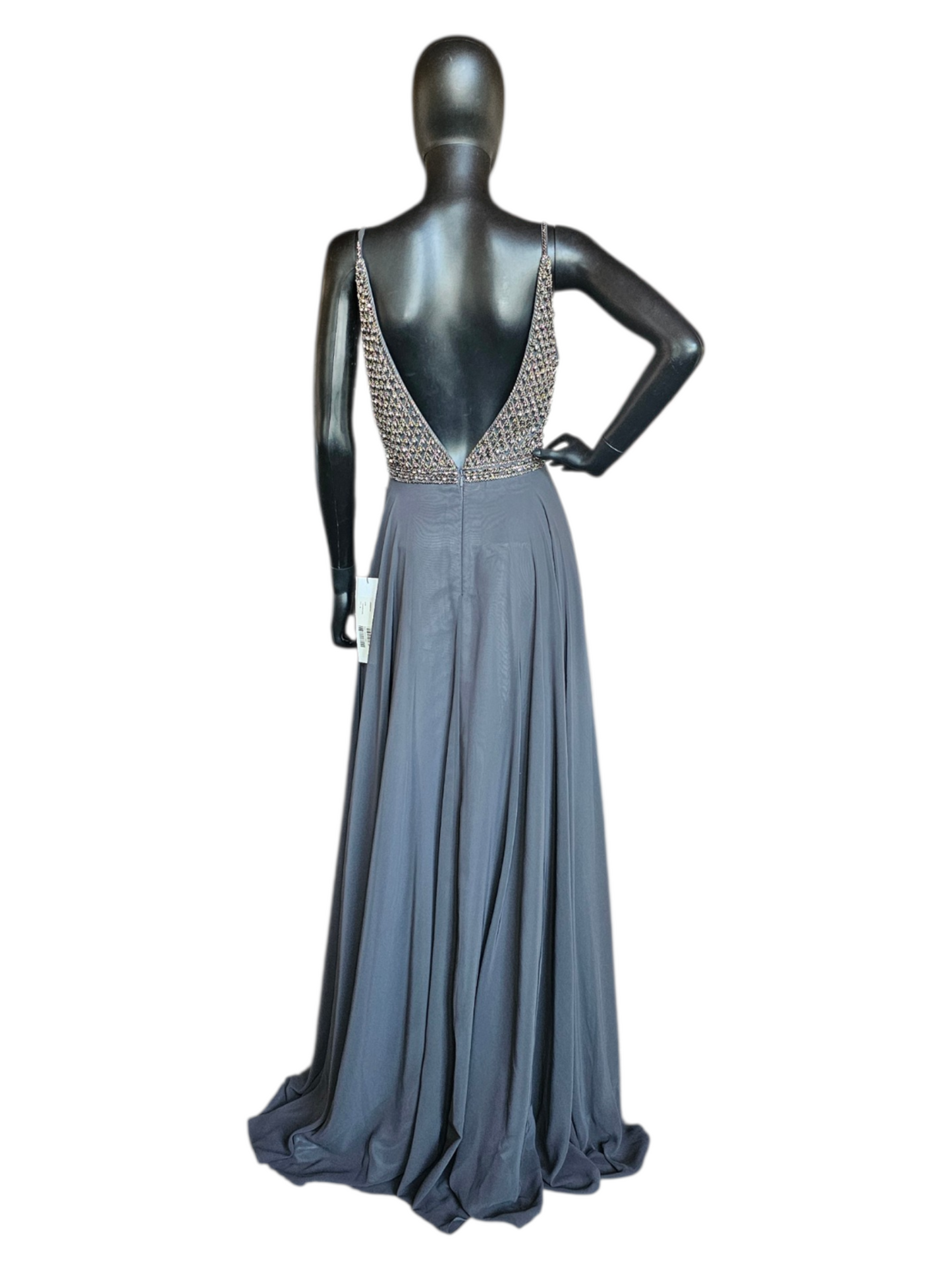 Charcoal A-Line beaded V-Neck Plunge Open Back Formal/Prom Dress - Jovani