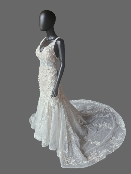 V-Neck Fit/Flare Floral Sparkle Wedding Gown - Martina Liana