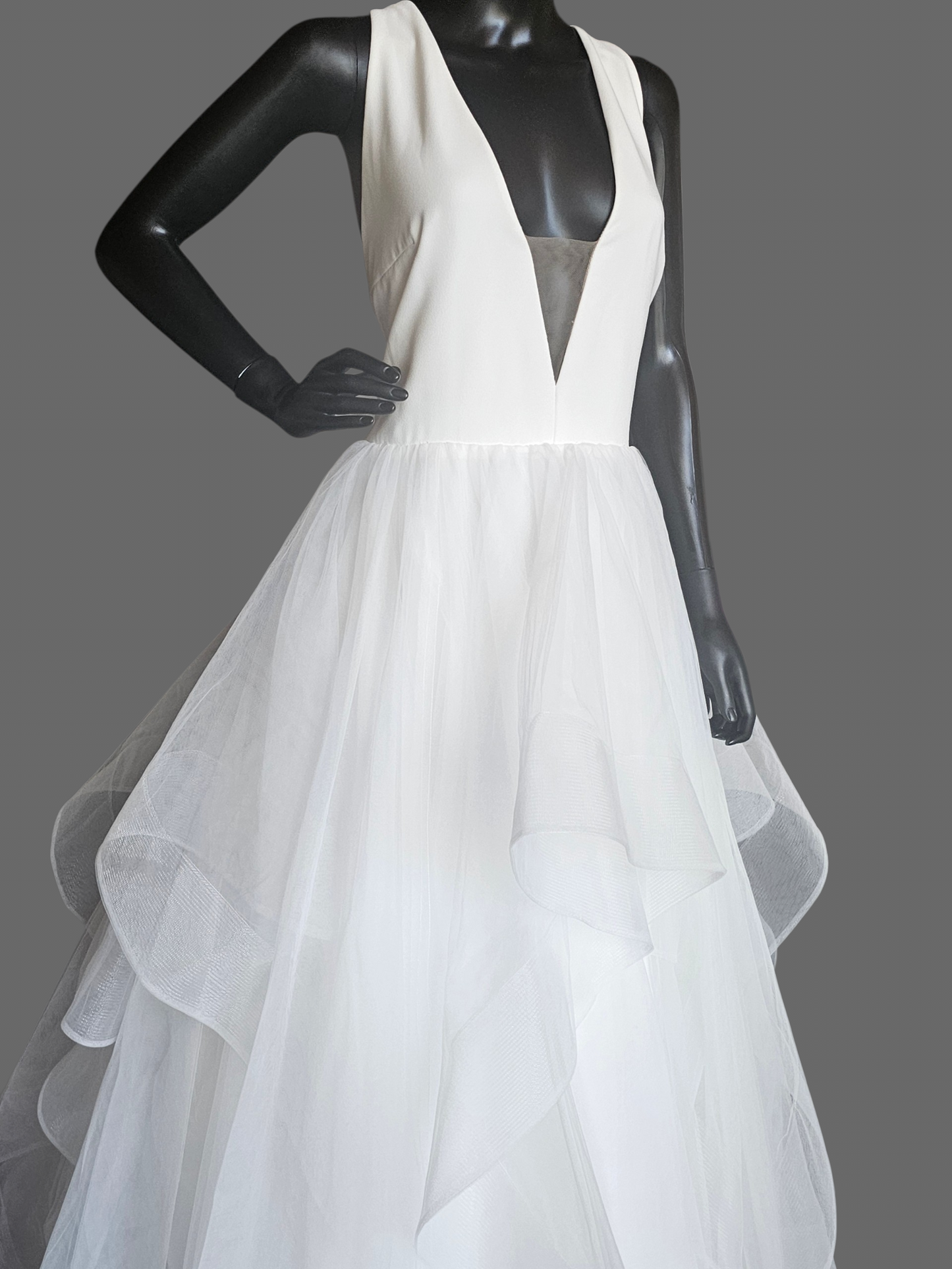 White Minimalist Plunge V-Neck Tiered Ballgown Wedding Dress - Maggie Sottero