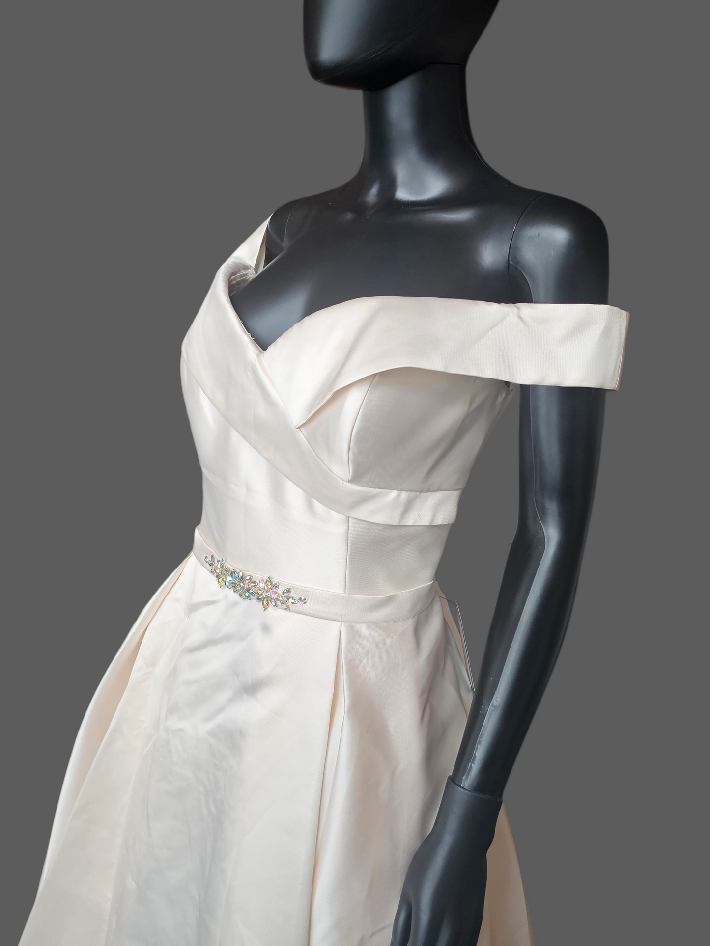 Blush Mikado Off Shoulder Box Pleat A-Line Formal Dress - Starbox